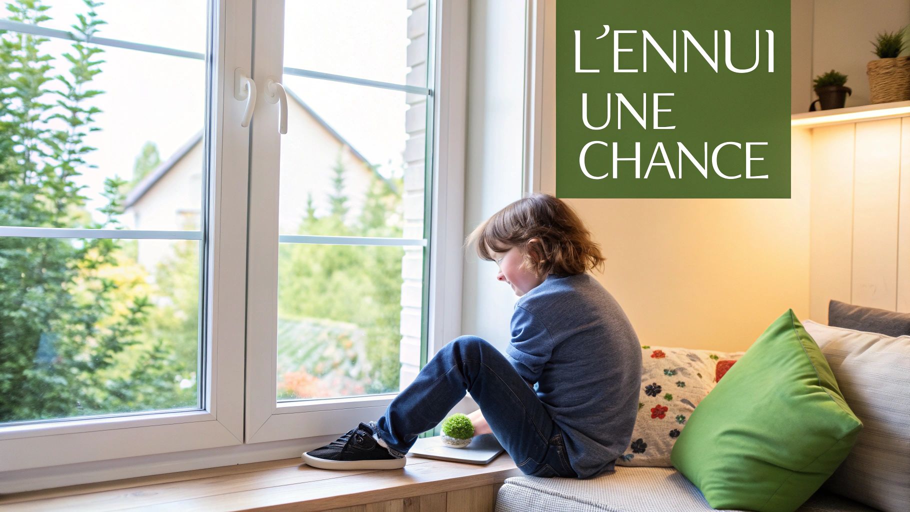 A child is sitting on a windowsill, looking out, with the text "BOREDOM IS AN OPPORTUNITY" embedded in it.