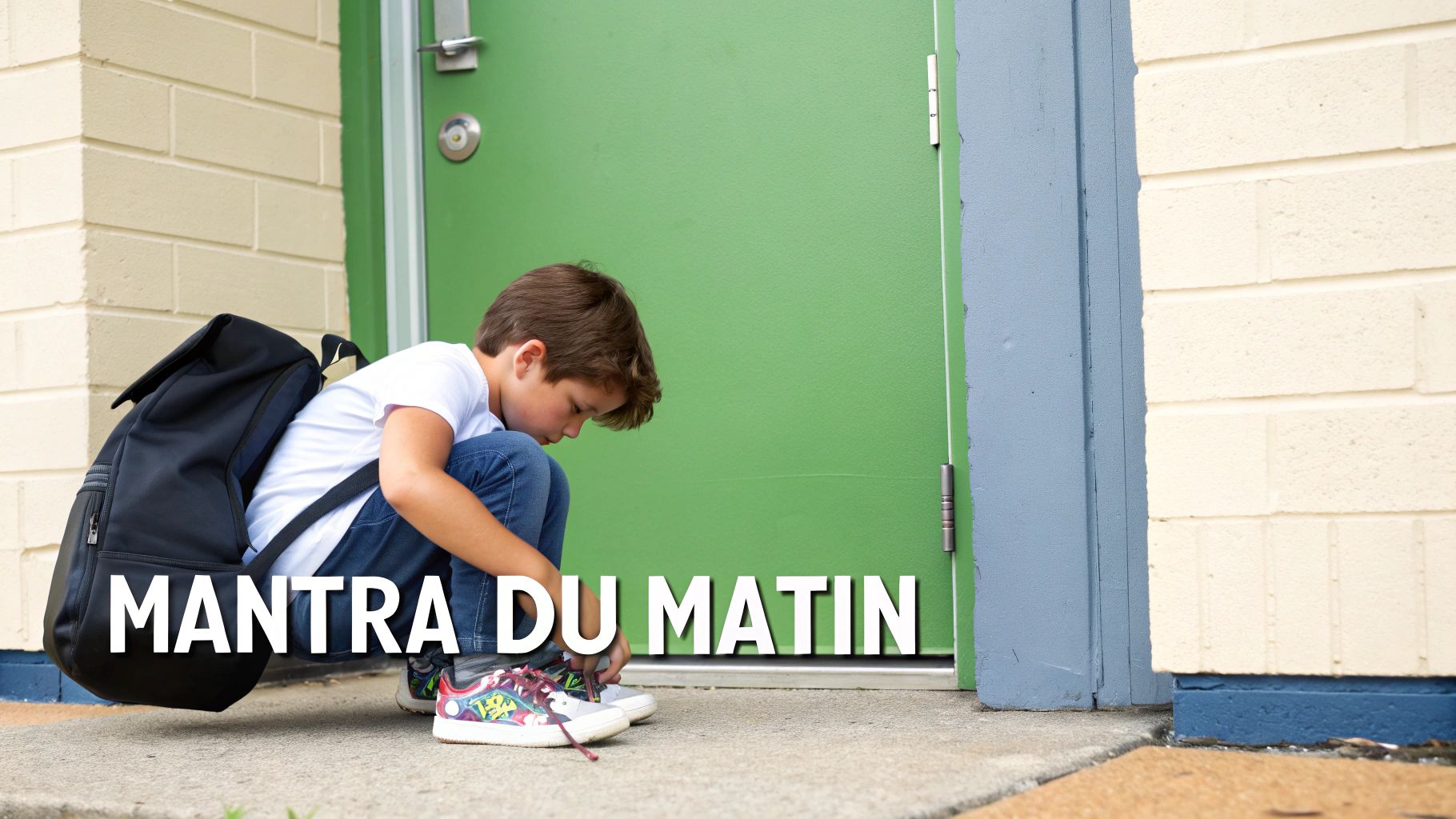 Jeune garçon attache ses lacets devant une porte verte, son sac à dos à côté de lui.