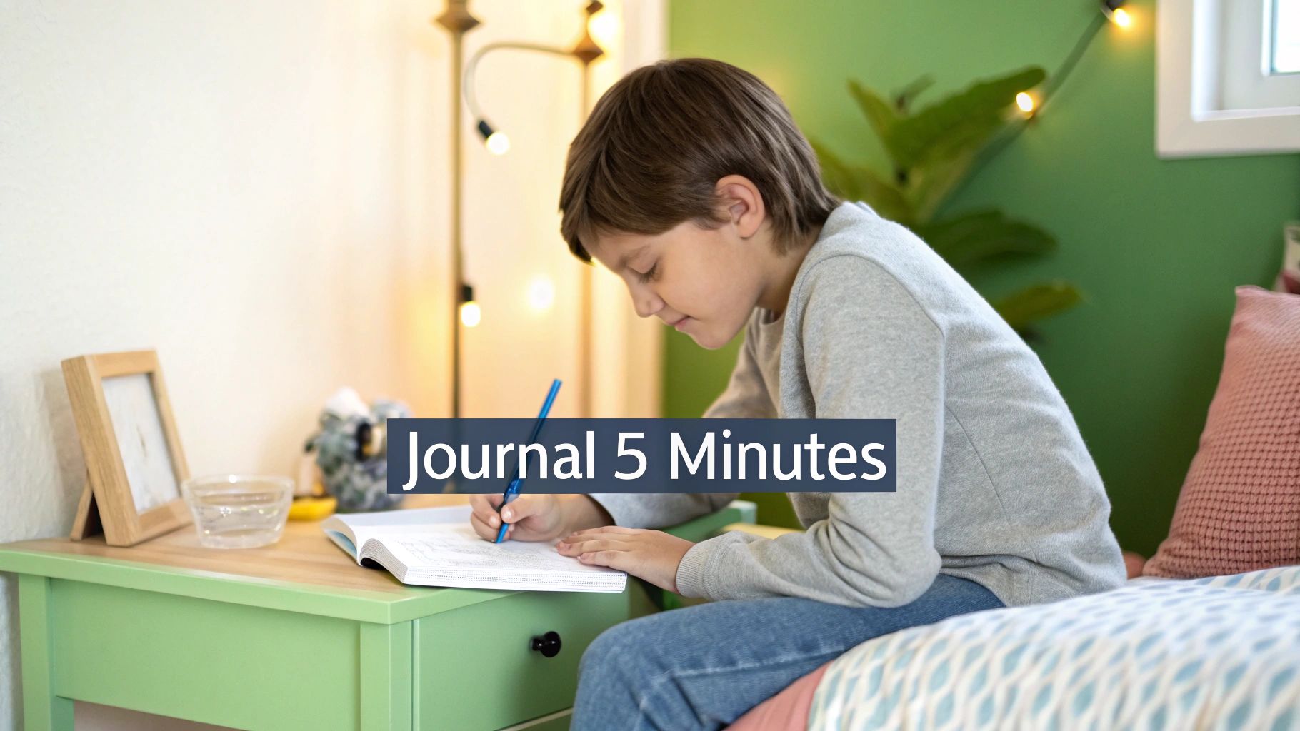 Un enfant écrivant dans un journal sur son lit