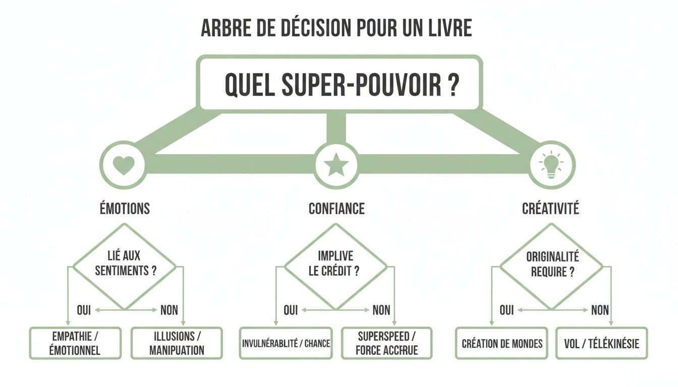Un arbre de décision pour un livre sur les super-pouvoirs, explorant émotions, confiance et créativité.