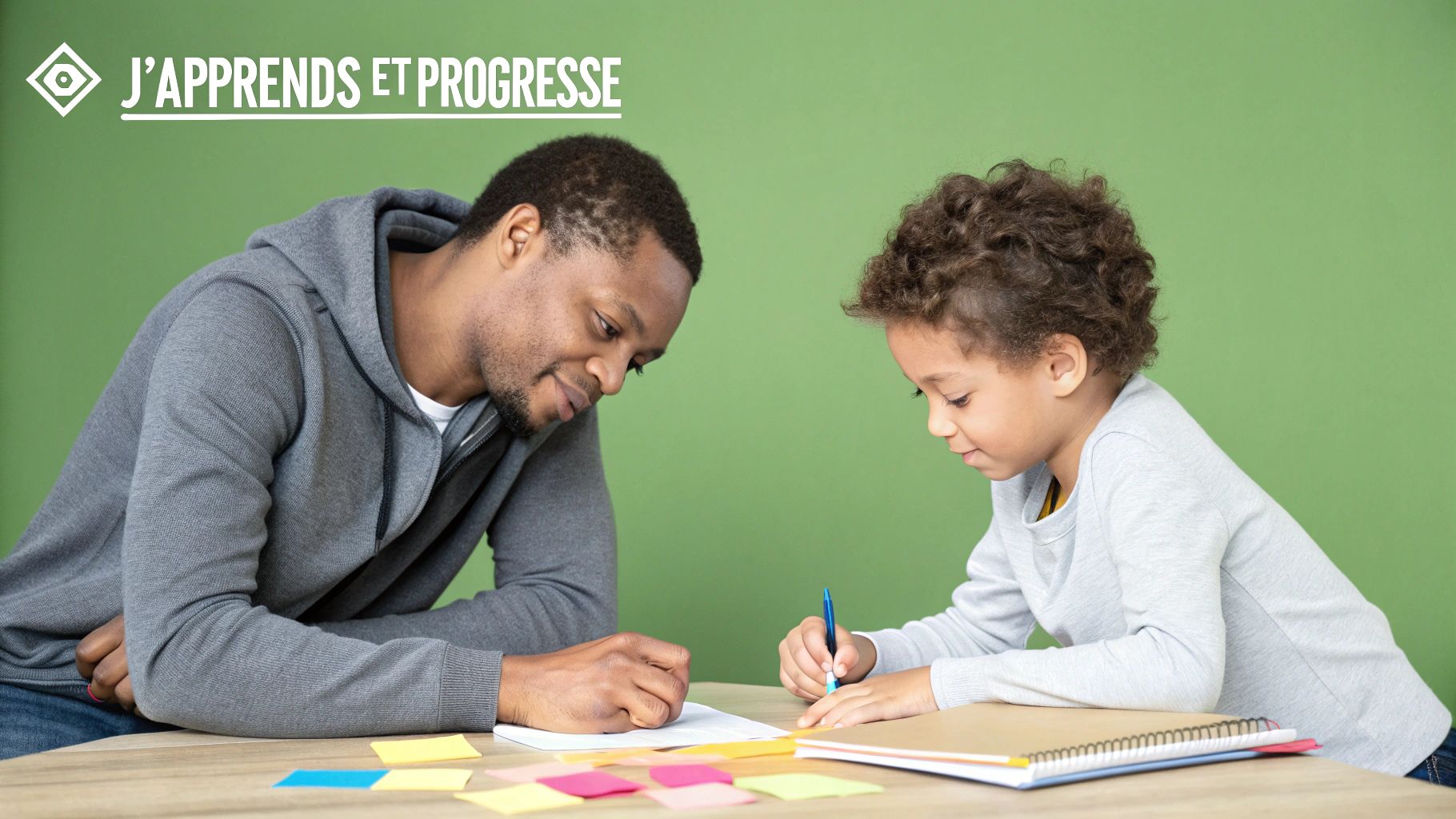 Un adulte et un enfant souriants apprennent et écrivent ensemble à une table avec des post-it.