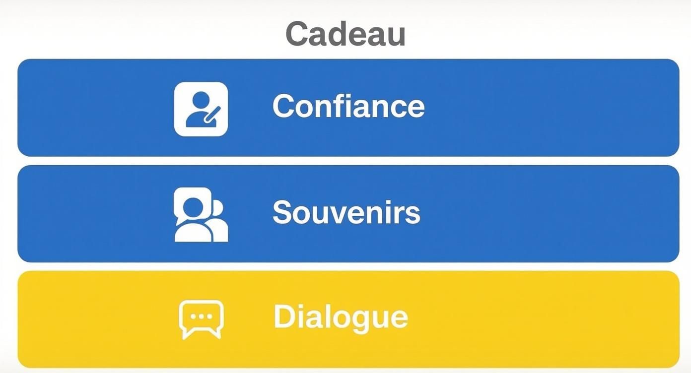 Image montrant le titre 'Cadeau' et trois boutons interactifs: 'Confiance', 'Souvenirs' et 'Dialogue', chacun avec une icône pertinente.