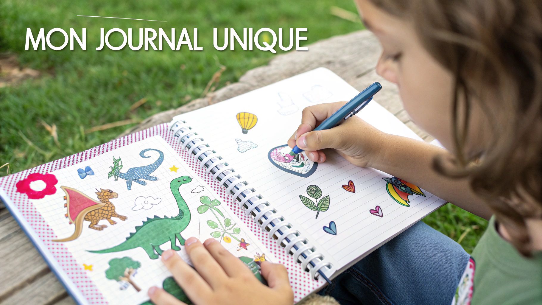 Un carnet personnalisé avec le nom d'un enfant sur la couverture, entouré de crayons et de dessins colorés