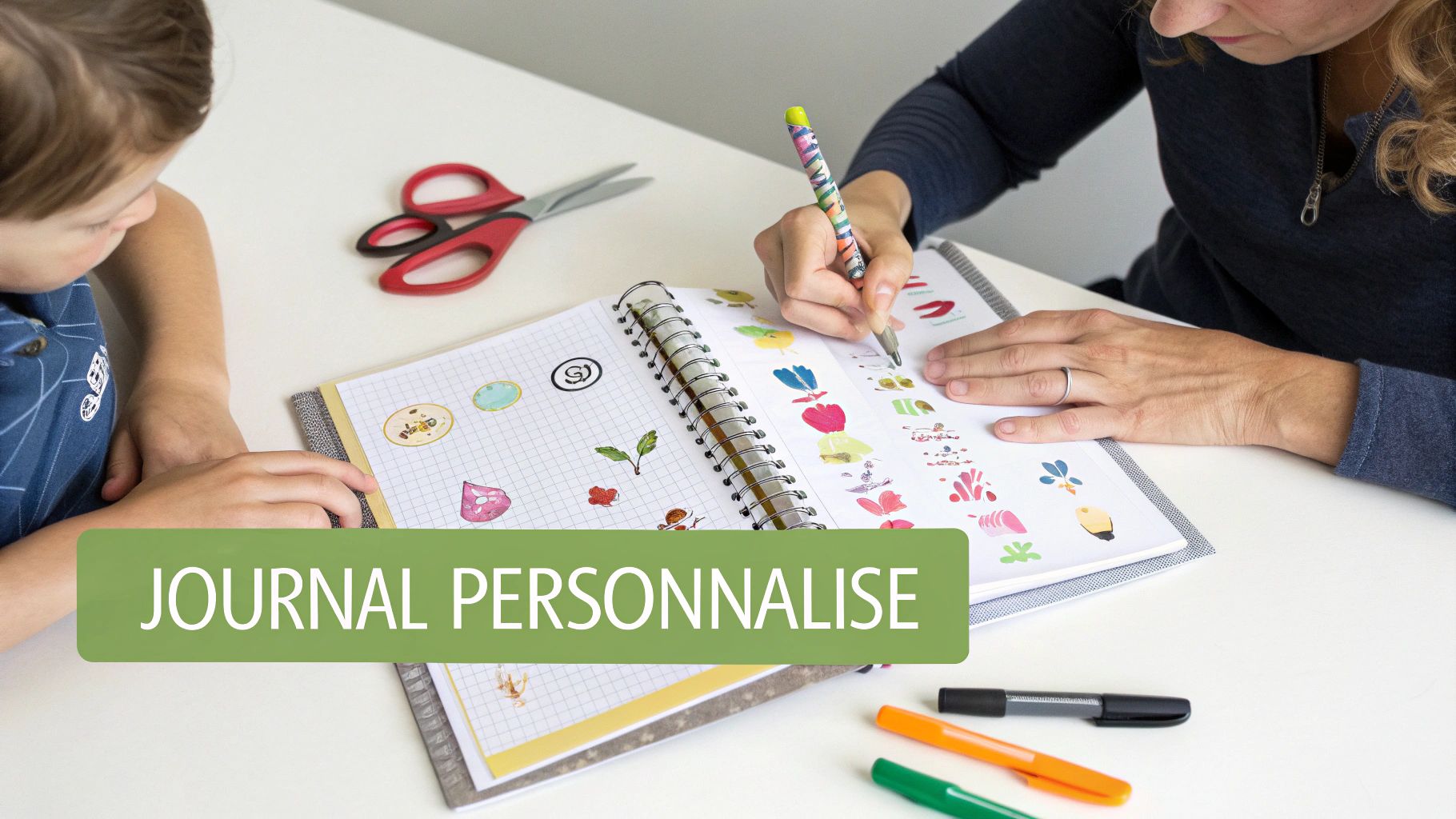 Deux enfants créent un journal personnalisé sur le sol avec des stylos, des ciseaux et des autocollants.