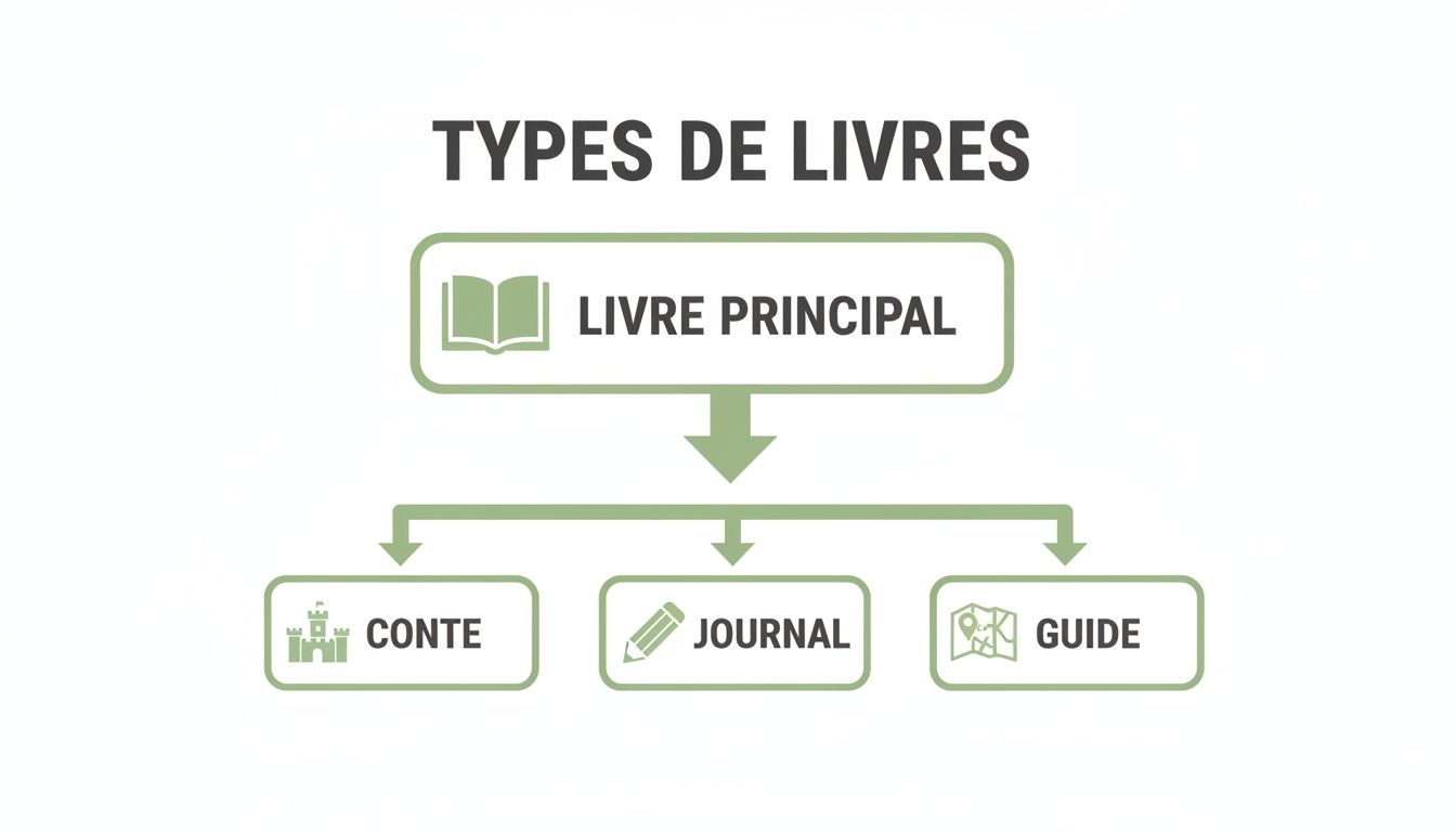 Un diagramme illustrant les types de livres : principal, conte, journal et guide.