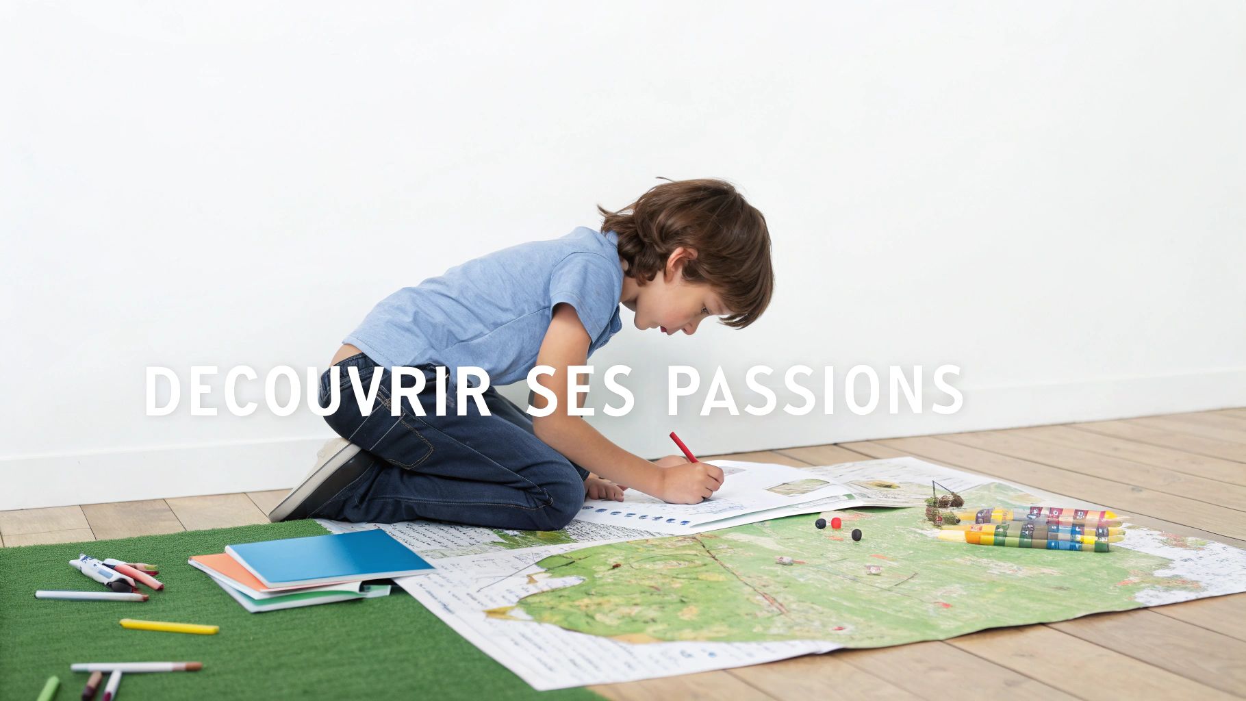 Un enfant regarde curieusement une plante avec une loupe, symbolisant la découverte de ses passions.