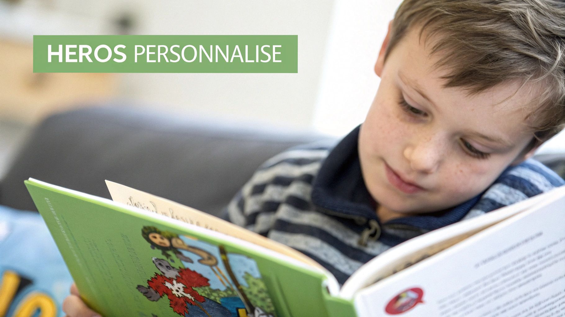 Un jeune garçon aux cheveux blonds lit attentivement un livre vert ouvert. La bannière "HEROS PERSONNALISE" est affichée en haut à gauche.