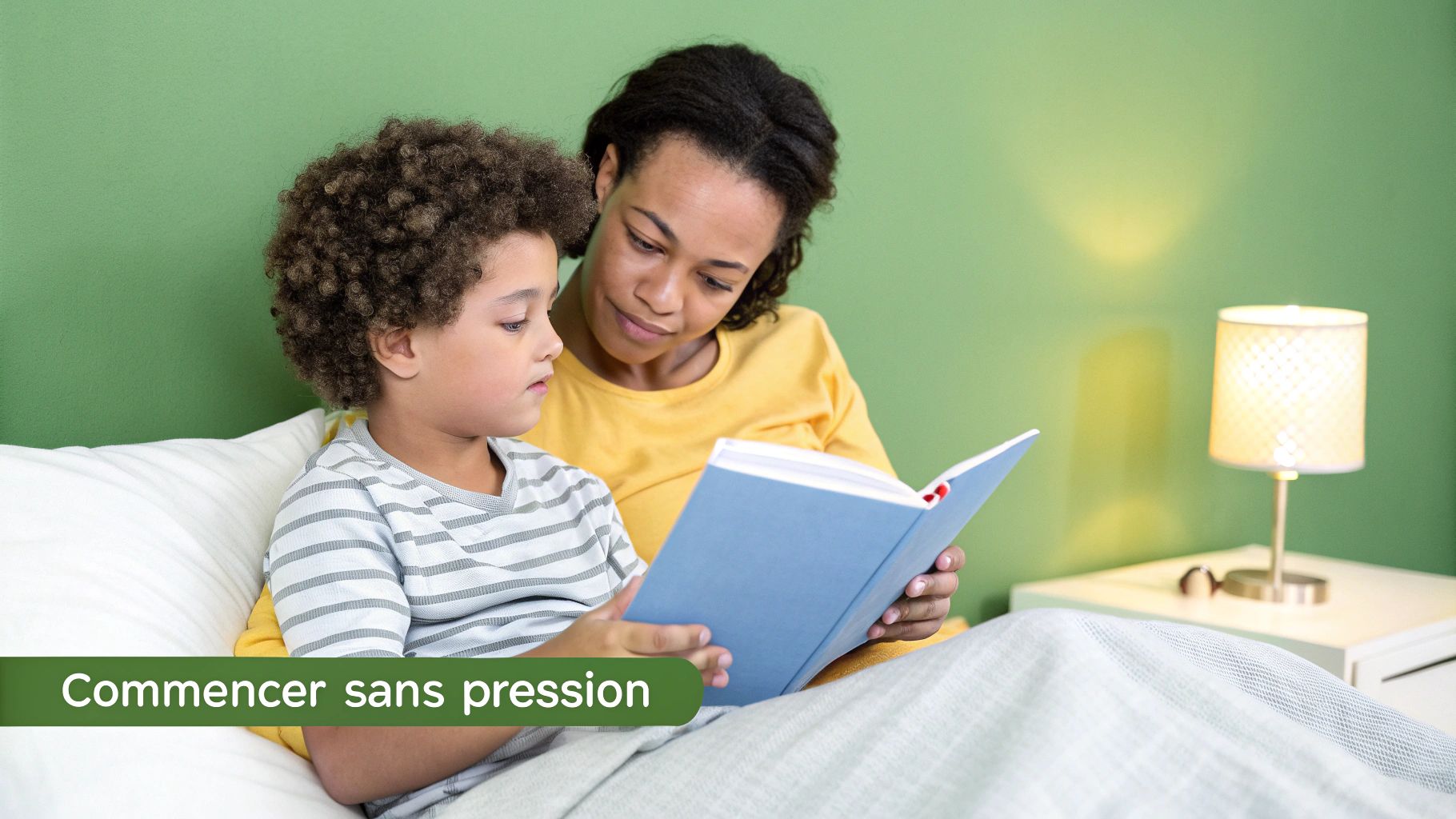 Une mère et son enfant lisent un livre bleu ensemble au lit, créant une ambiance douce et de connexion.