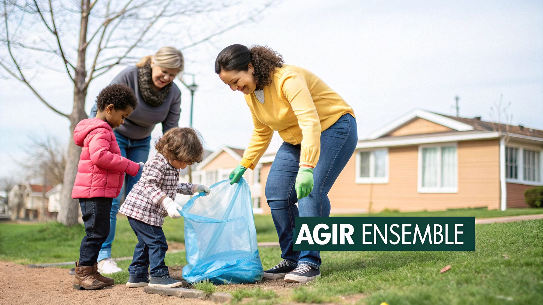 Une famille participant au nettoyage d'un parc, illustrant l'engagement communautaire.