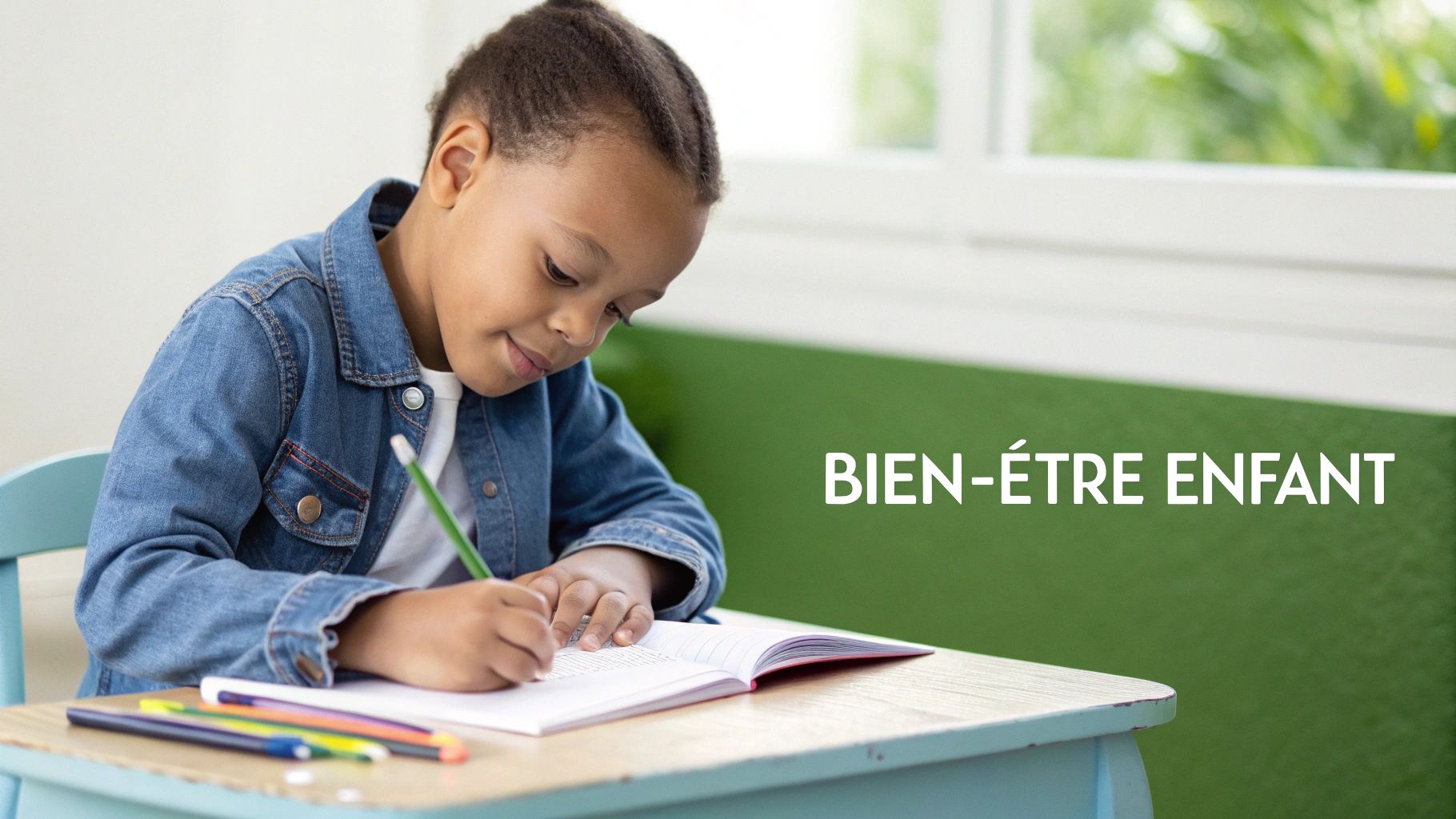 Une jeune fille souriante écrit dans un journal sur une table en bois, entourée de crayons de couleur et de plantes.