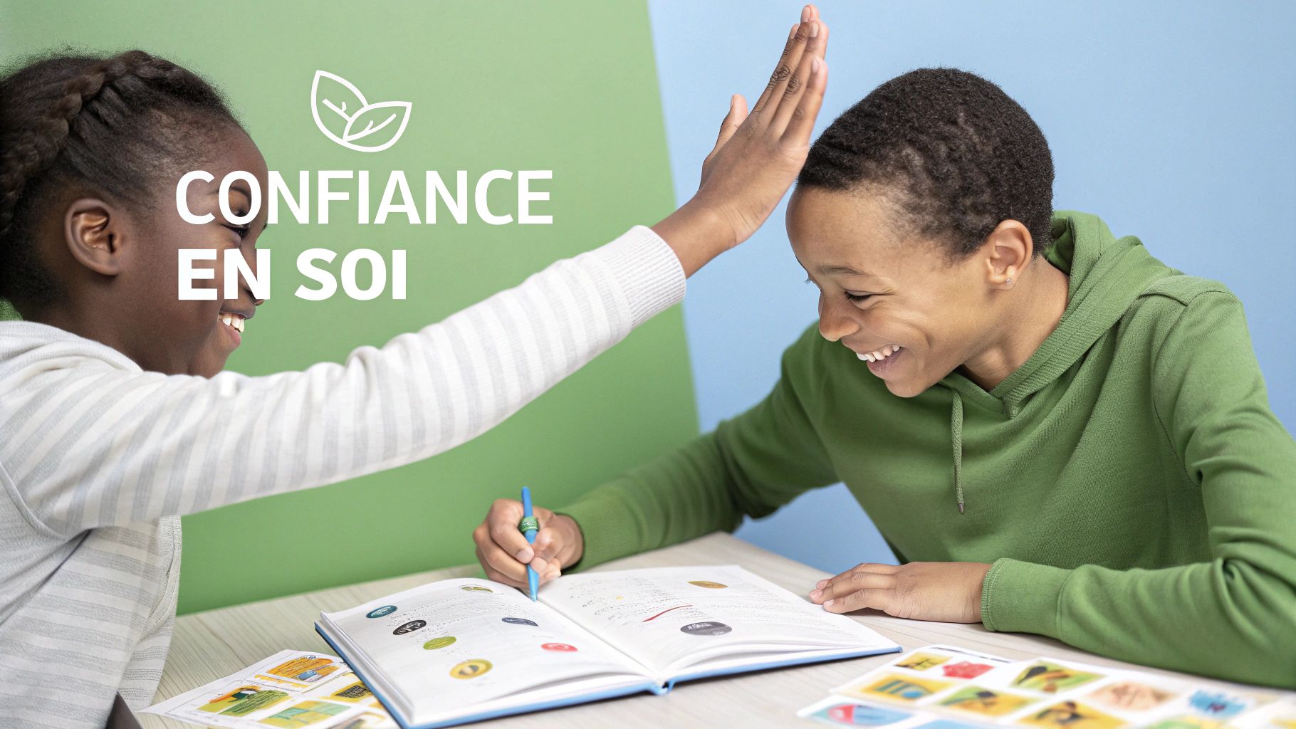 Deux enfants souriants se donnent un high-five, l'un écrit dans un cahier, avec le texte 'CONFIANCE EN SOI'.