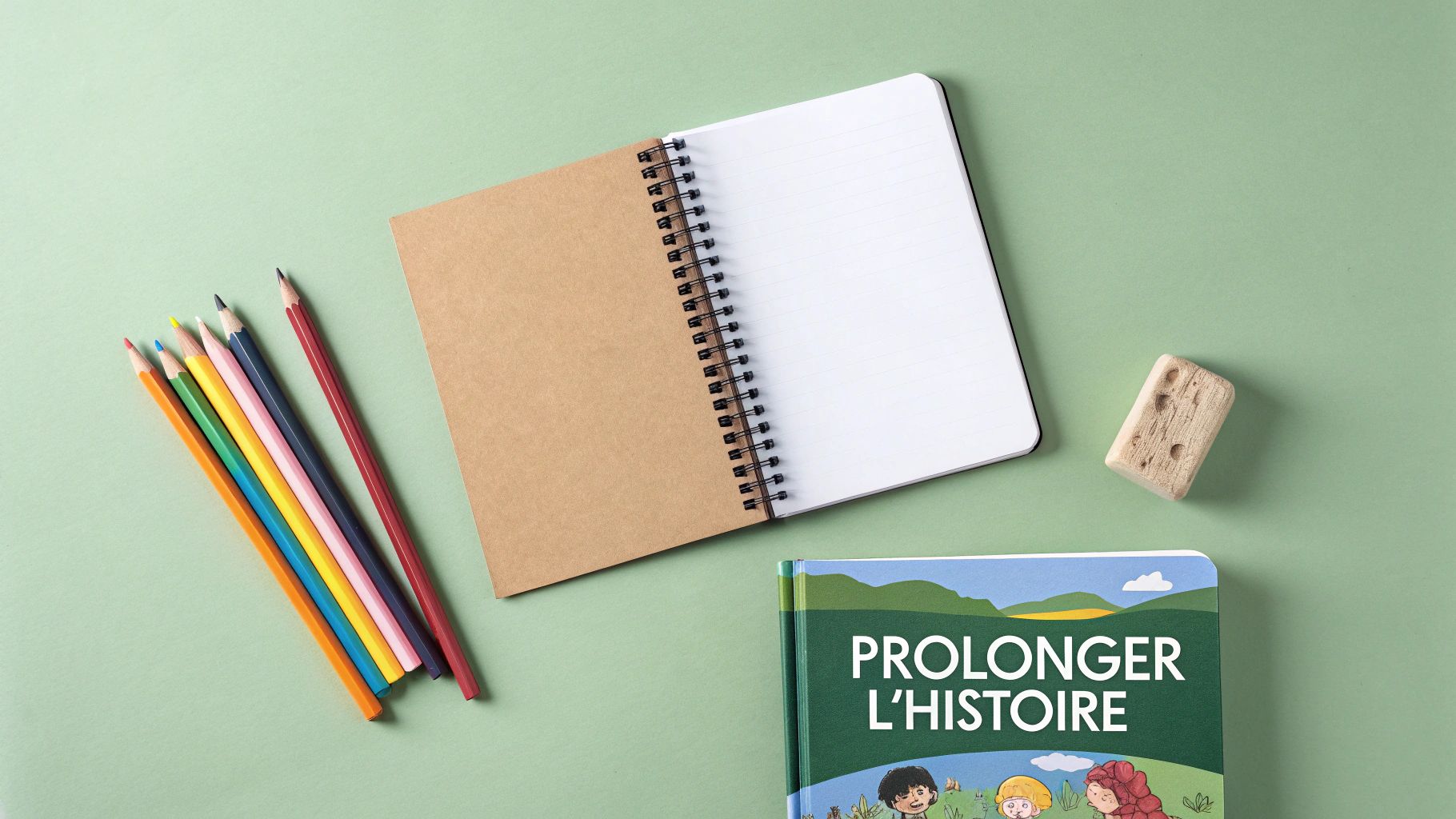 Une vue de dessus de fournitures scolaires avec un carnet ouvert, des crayons de couleur et un livre sur fond vert.