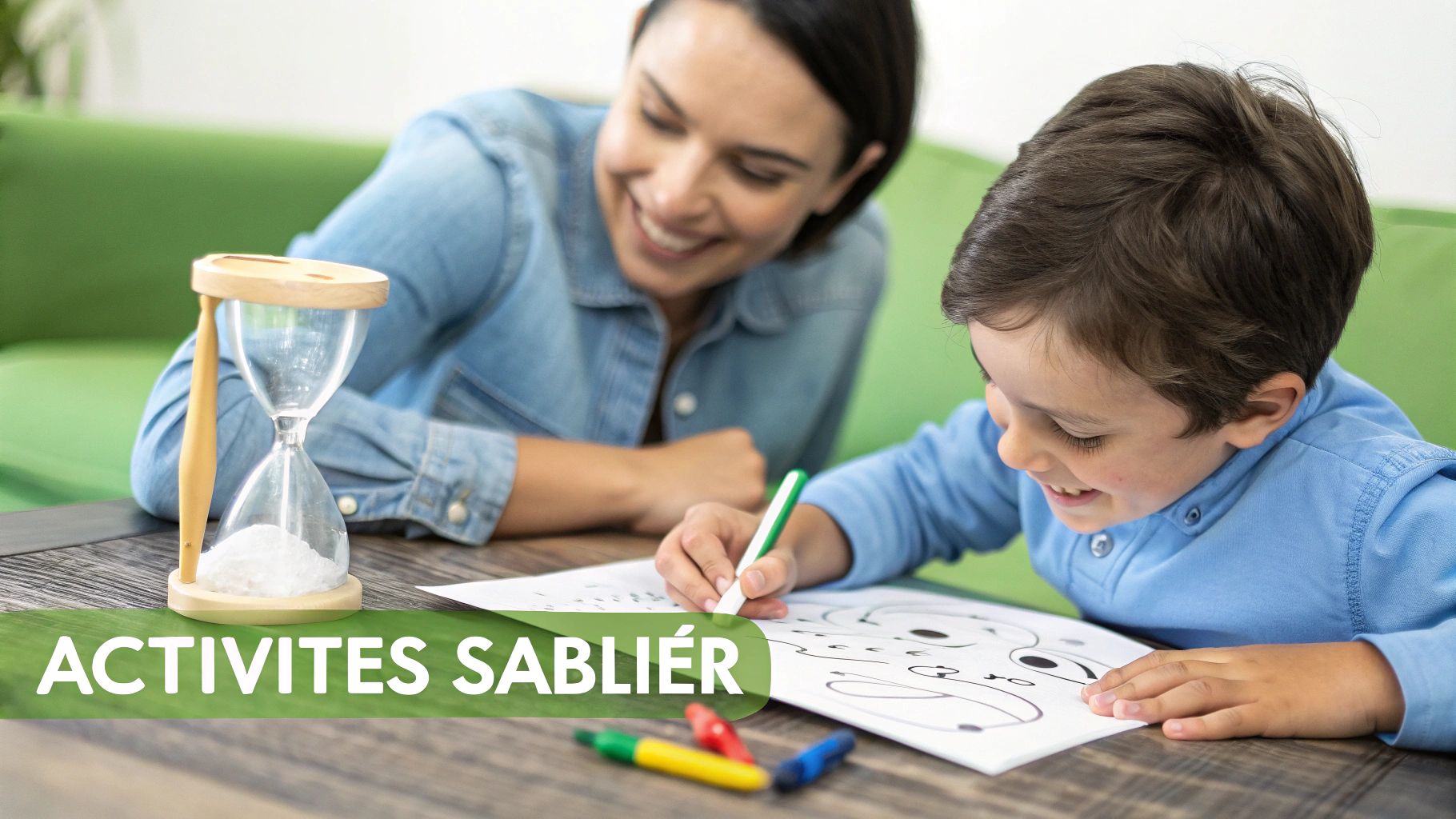 Child drawing with crayons during a timed creative activity using an hourglass