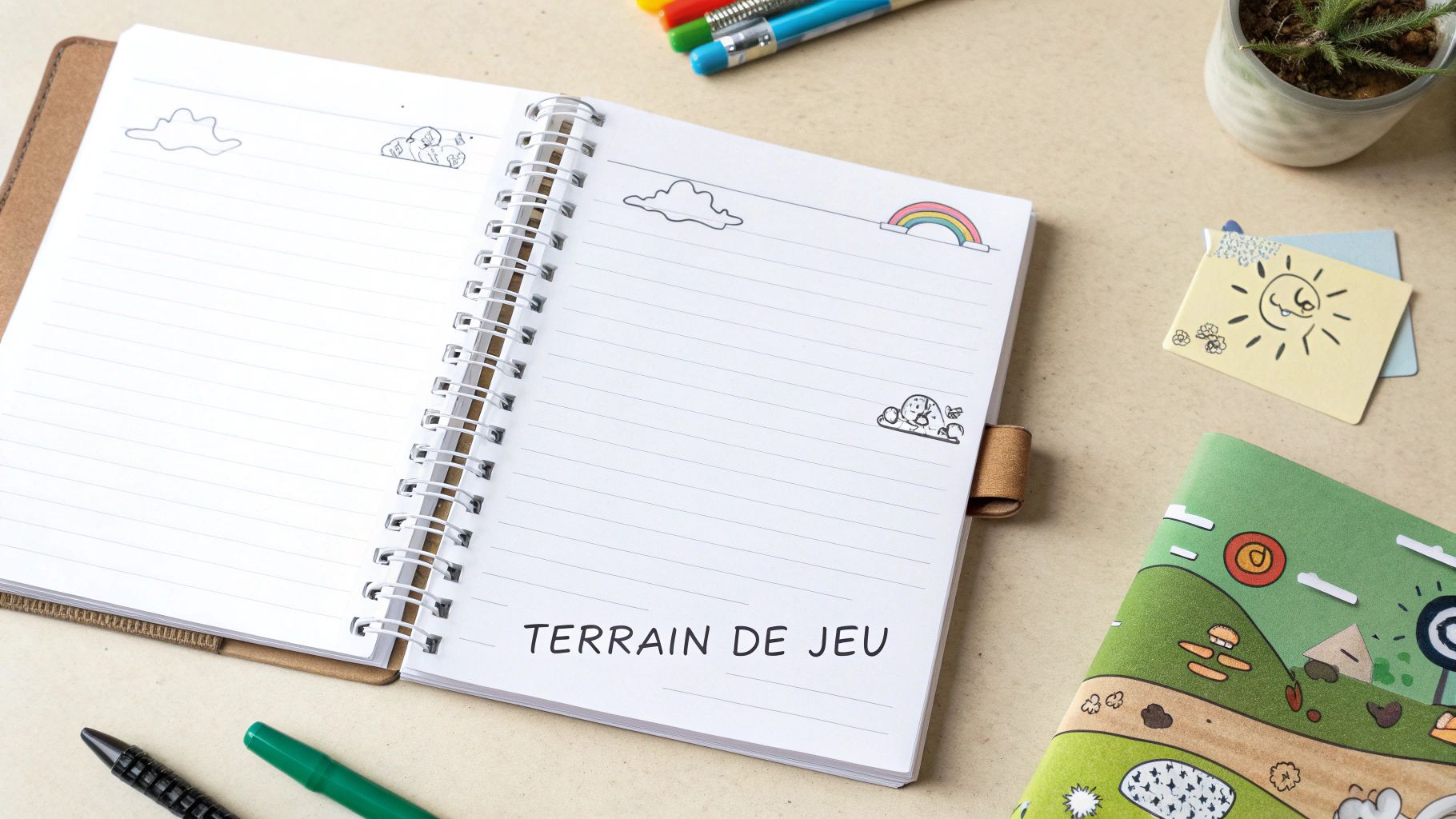 Un enfant dessine sur un carnet à pages blanches avec des feutres de couleur