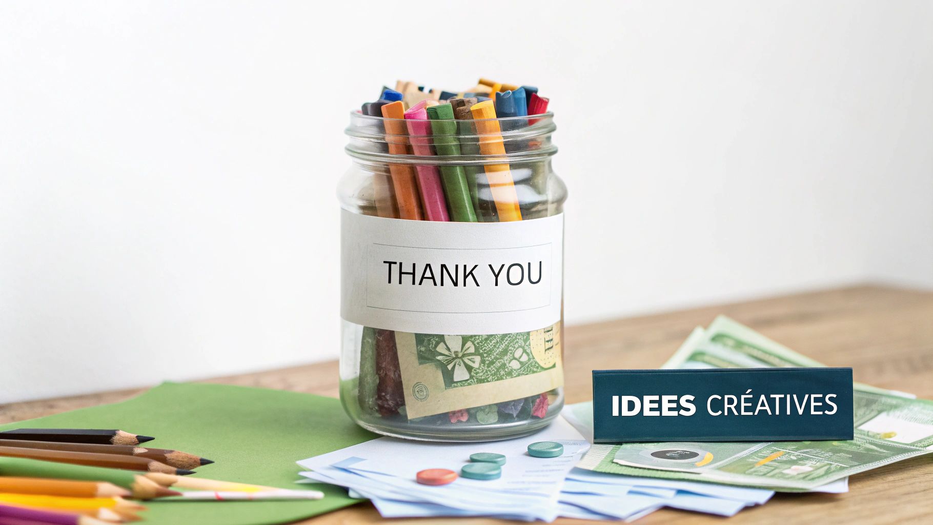 Un pot en verre avec l'étiquette 'THANK YOU', rempli de crayons et d'argent, à côté d'une pancarte 'IDEES CRÉATIVES'.