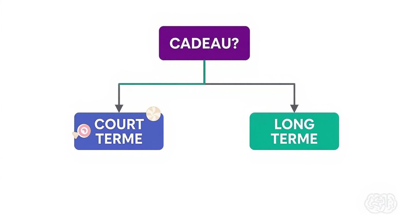 Diagramme de décision pour un cadeau, distinguant les options à court terme (bonbons) des options à long terme.
