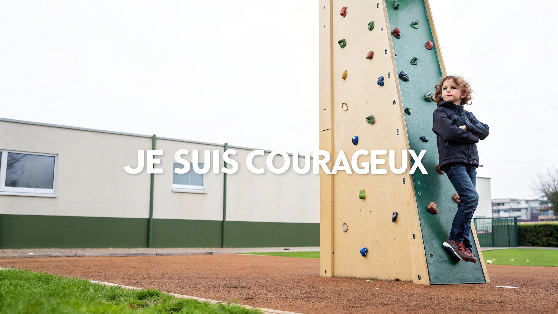 Un jeune garçon aux cheveux bouclés se tient fièrement sur un mur d'escalade, le texte "JE SUIS COURAGEUX" est visible.