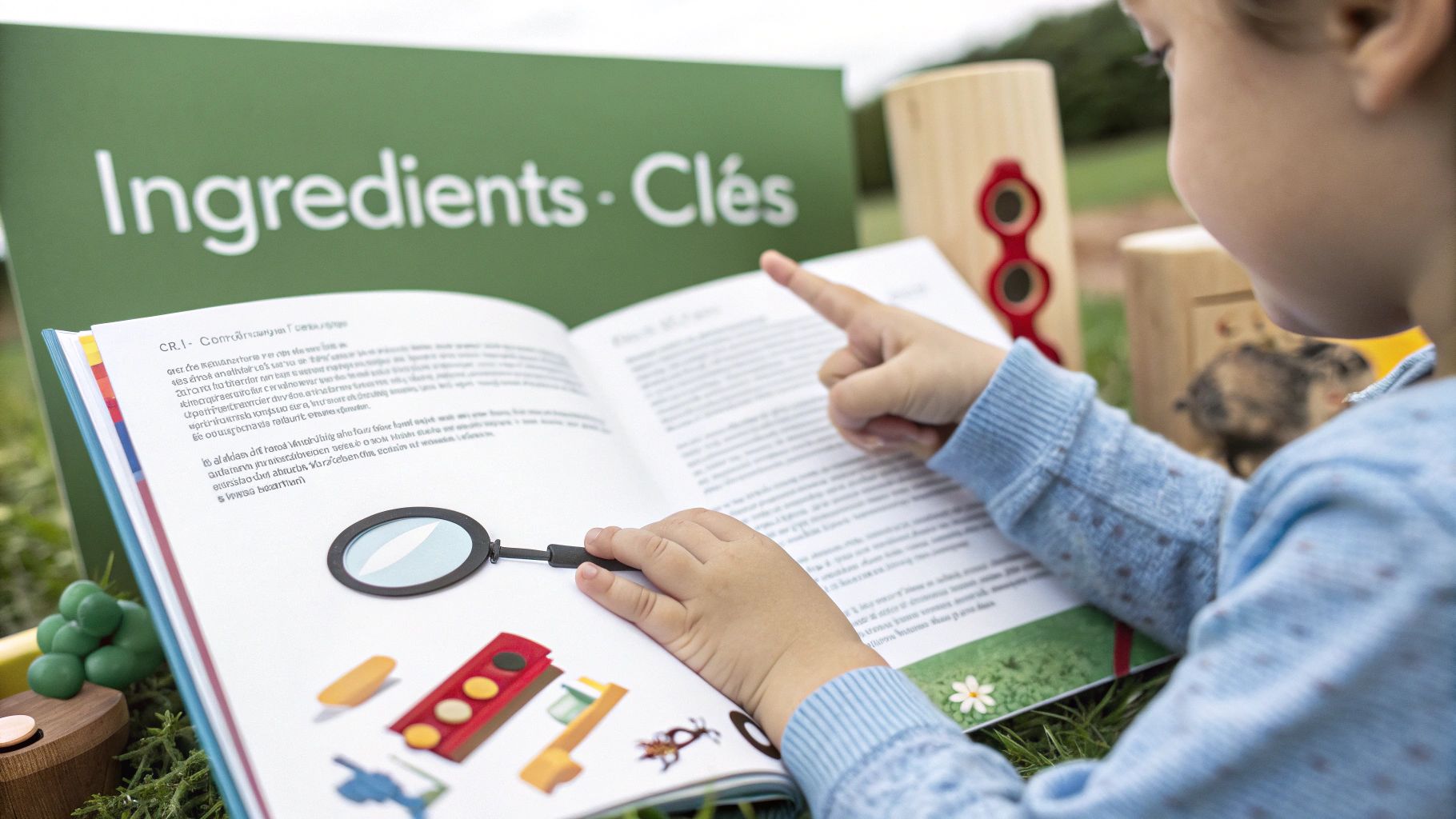 Une loupe est tenue au-dessus d'un livre ouvert, se concentrant sur les mots et les illustrations.