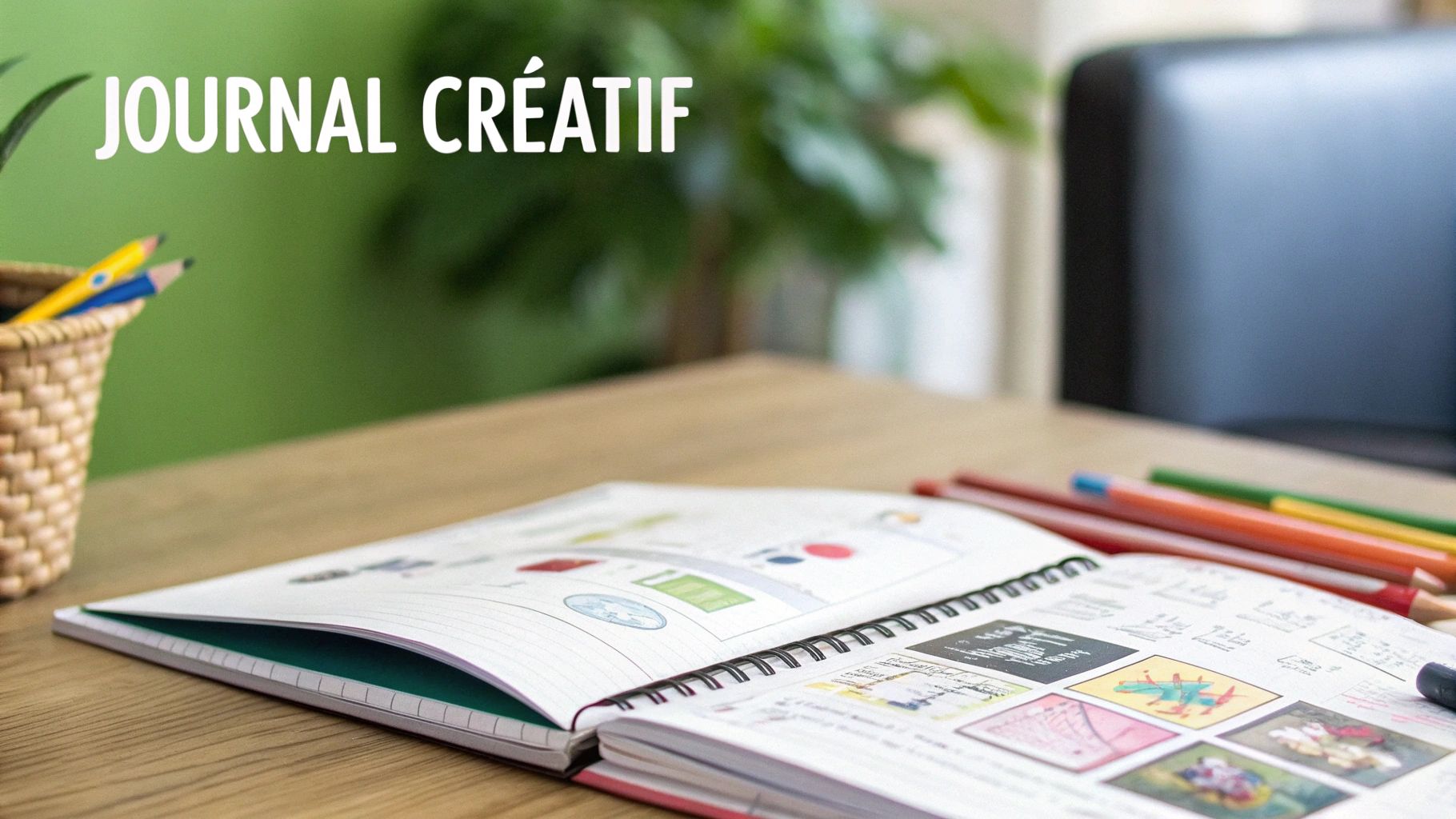 Un enfant utilise des ciseaux et de la colle pour créer un collage dans un journal, illustrant la visualisation créative.