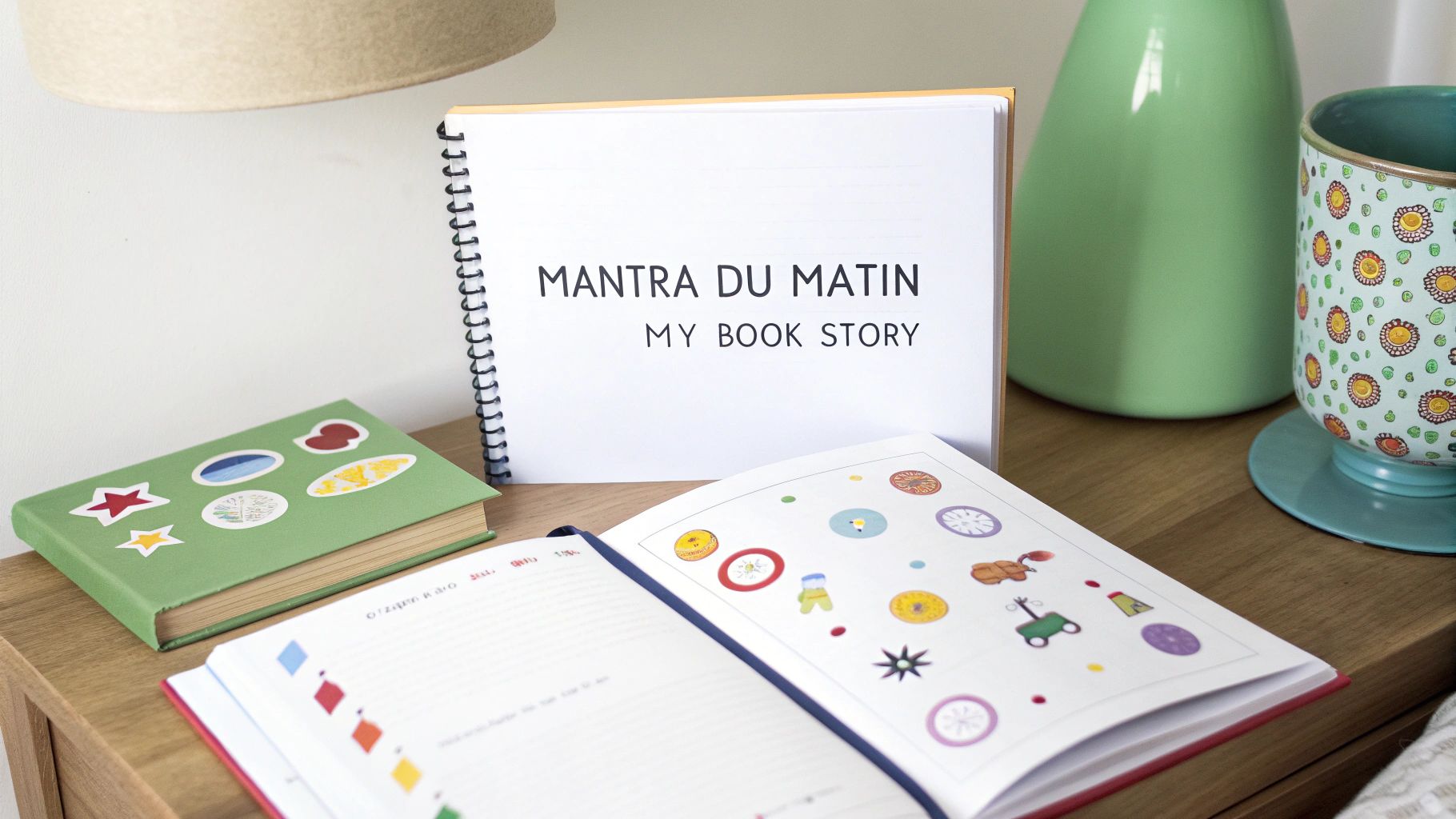 Un journal ouvert avec des autocollants, posé sur une surface en bois, aux côtés d'autres livres et d'une tasse colorée.