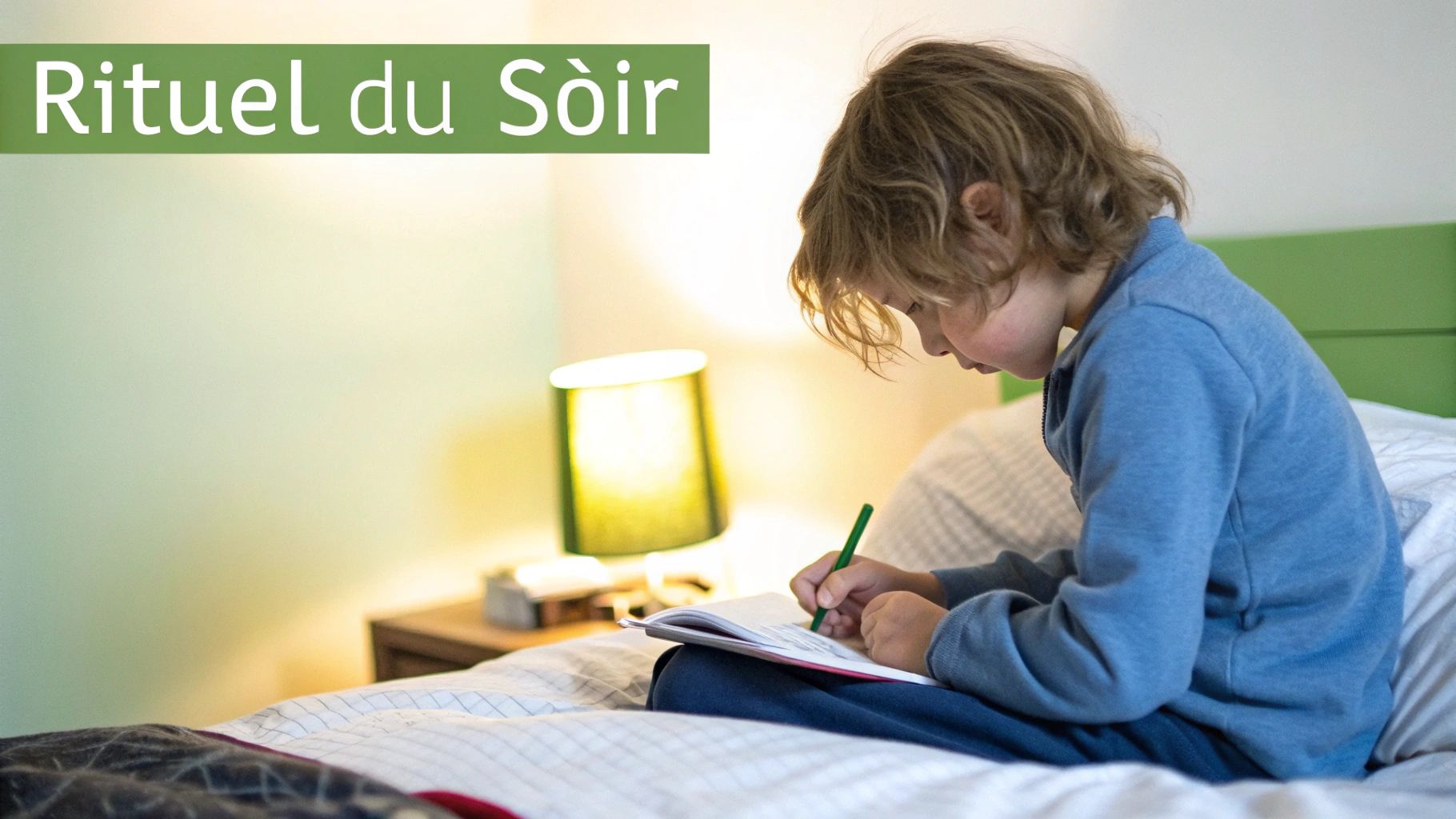 Un enfant écrit dans son journal le soir dans sa chambre douillette.