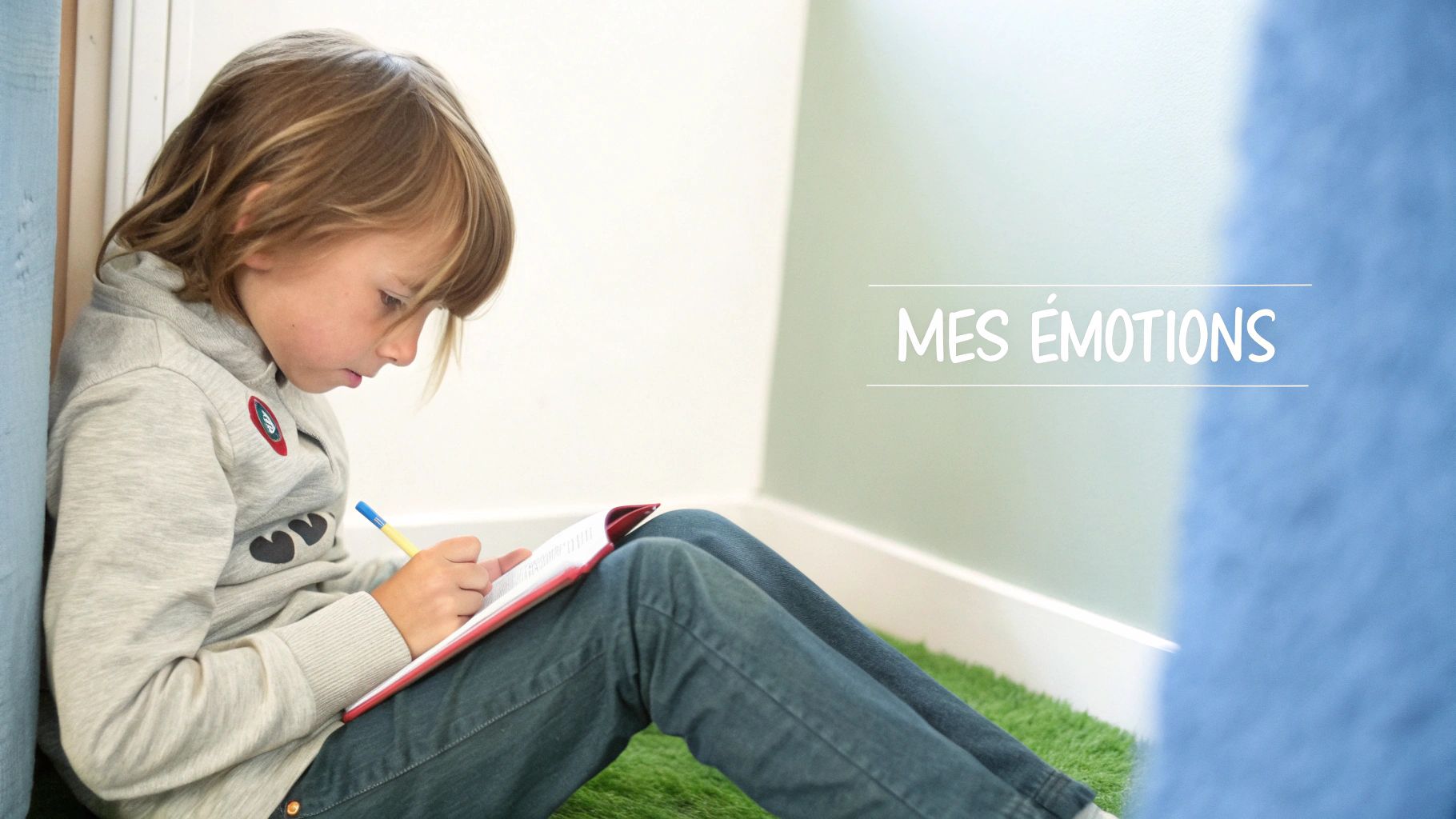 Un enfant est assis, écrivant dans un carnet rouge sur un tapis vert. Le texte « MES ÉMOTIONS » est visible.