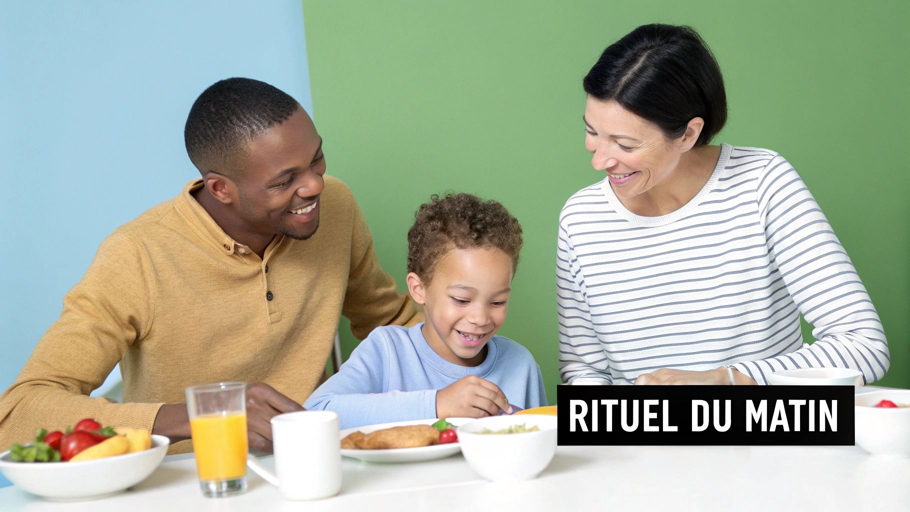 Une famille souriante composée d'un homme, une femme et un enfant prenant leur petit-déjeuner ensemble.