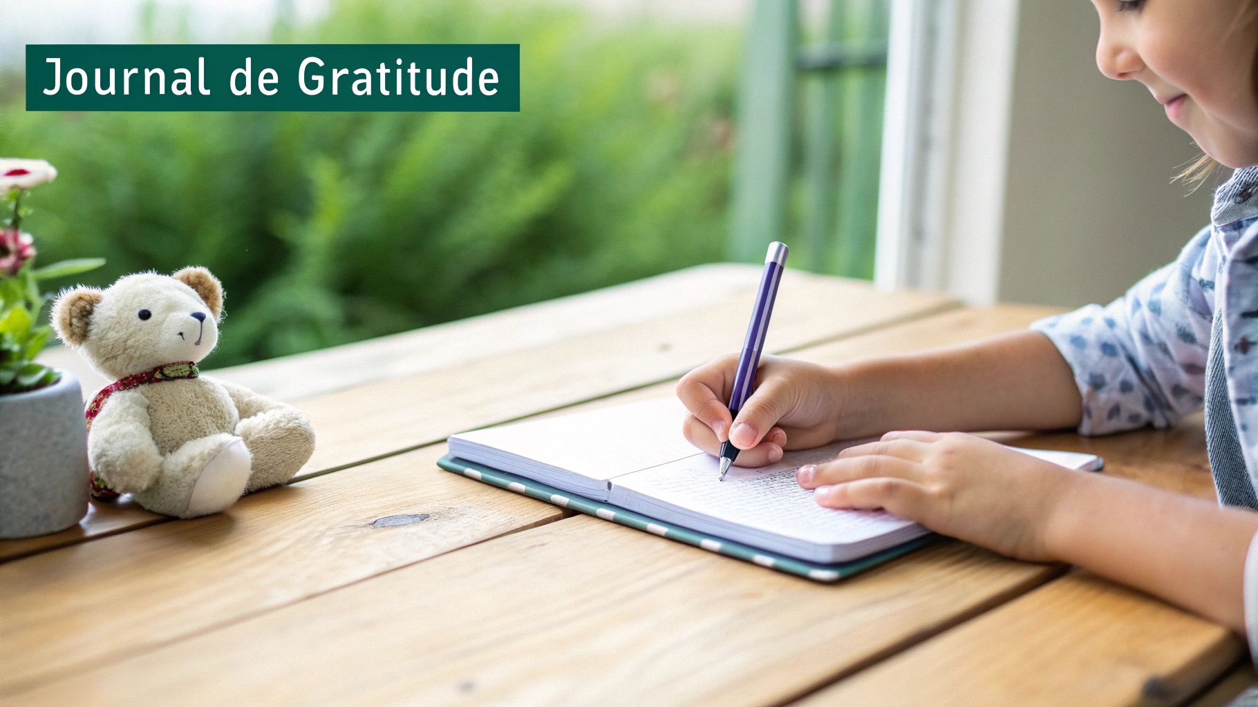 Une petite fille écrit dans un journal de gratitude sur une table en bois, un ours en peluche à côté.