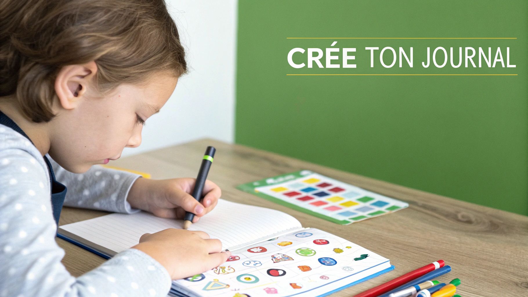 Un enfant personnalise son journal avec des feutres et des autocollants, illustrant la créativité.