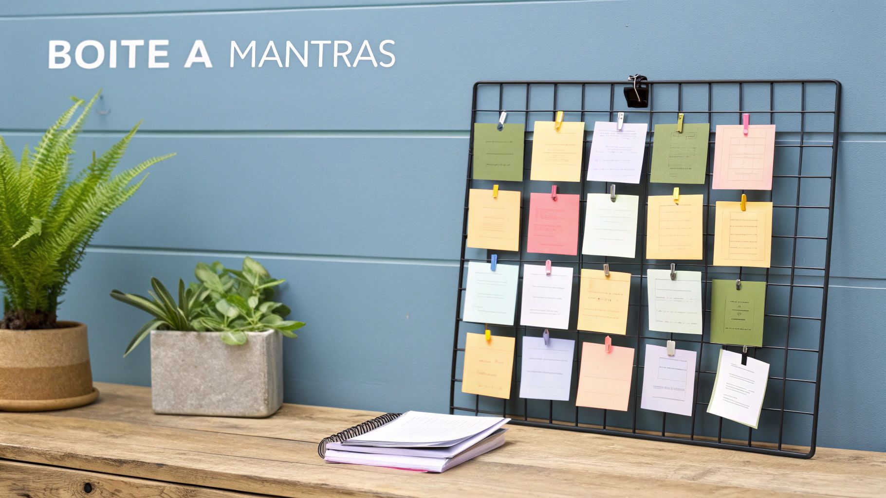 Tableau d'affichage avec de nombreux mantras colorés épinglés, des plantes et un carnet sur un bureau en bois.