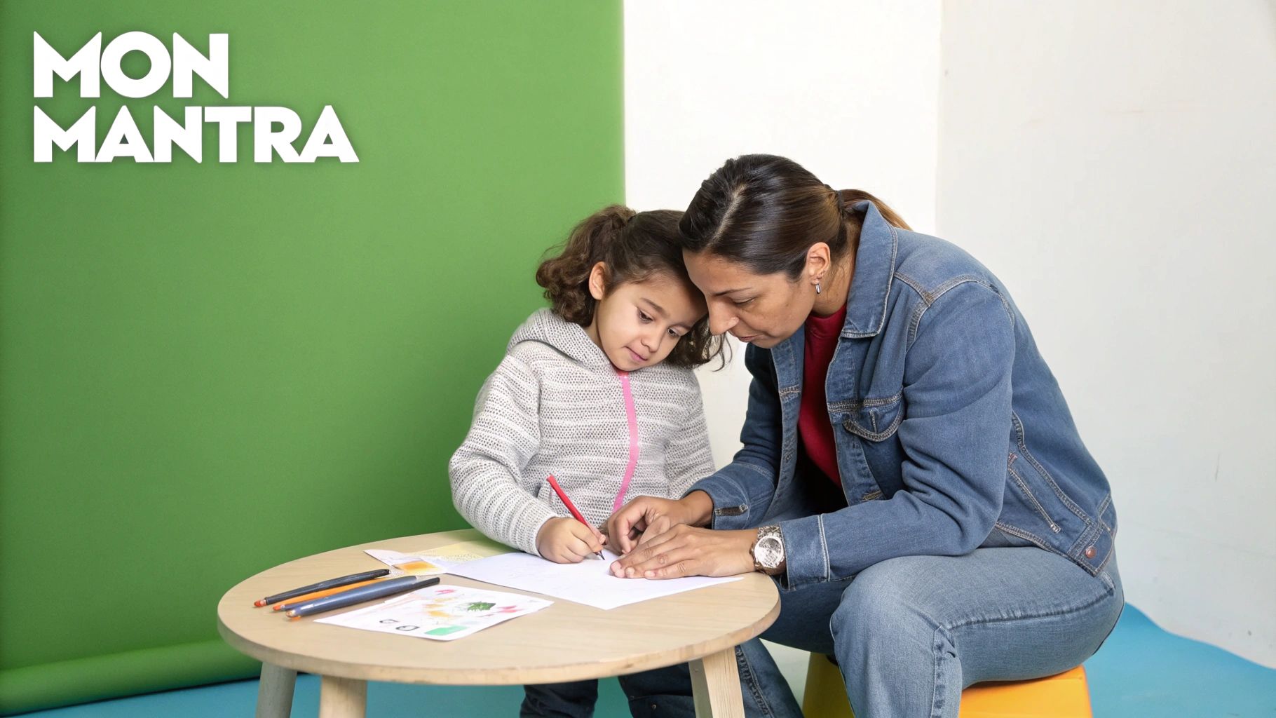 Une femme et une jeune fille dessinent ensemble sur une table en bois, la femme guidant l'enfant.