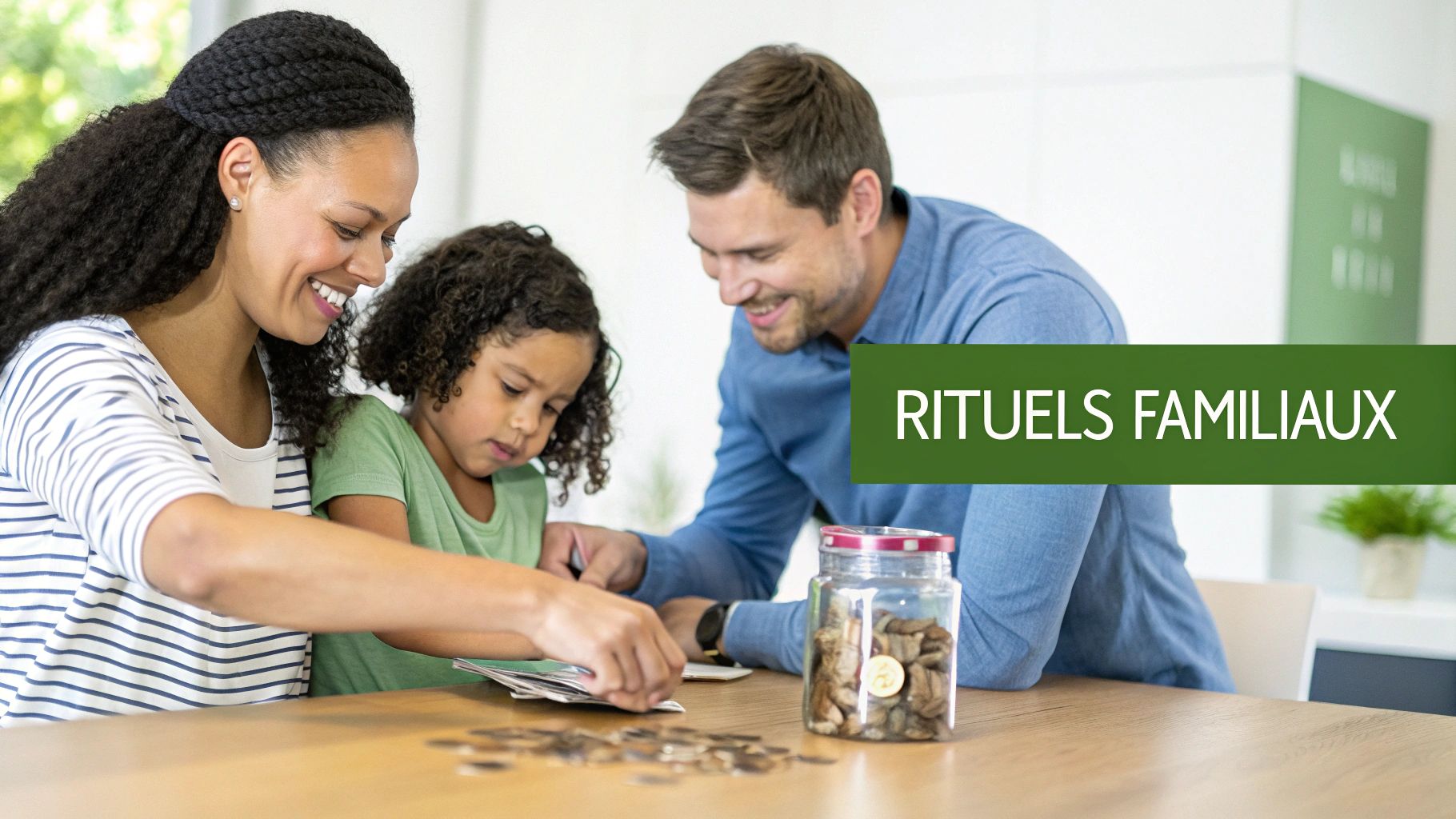 Une famille heureuse de quatre personnes assise sur un canapé, partageant un moment de complicité.