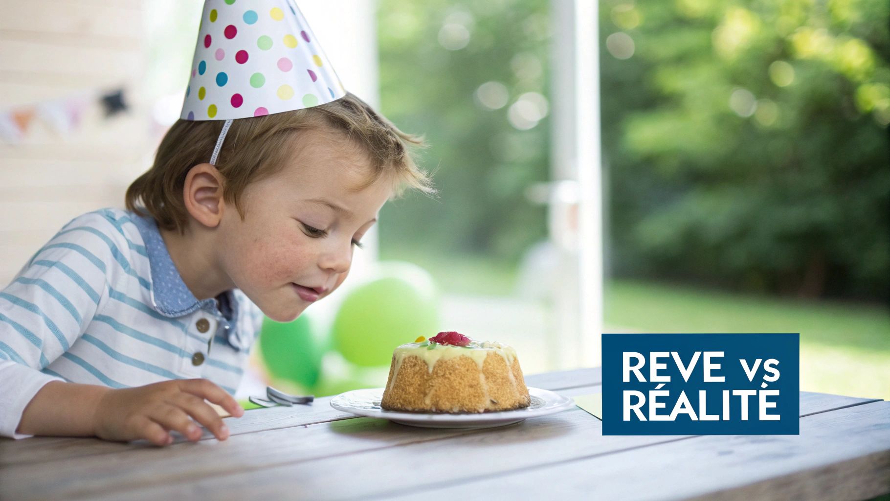 Un enfant avec un chapeau de fête contemple un gâteau d'anniversaire, avec le texte "Rêve vs Réalité".