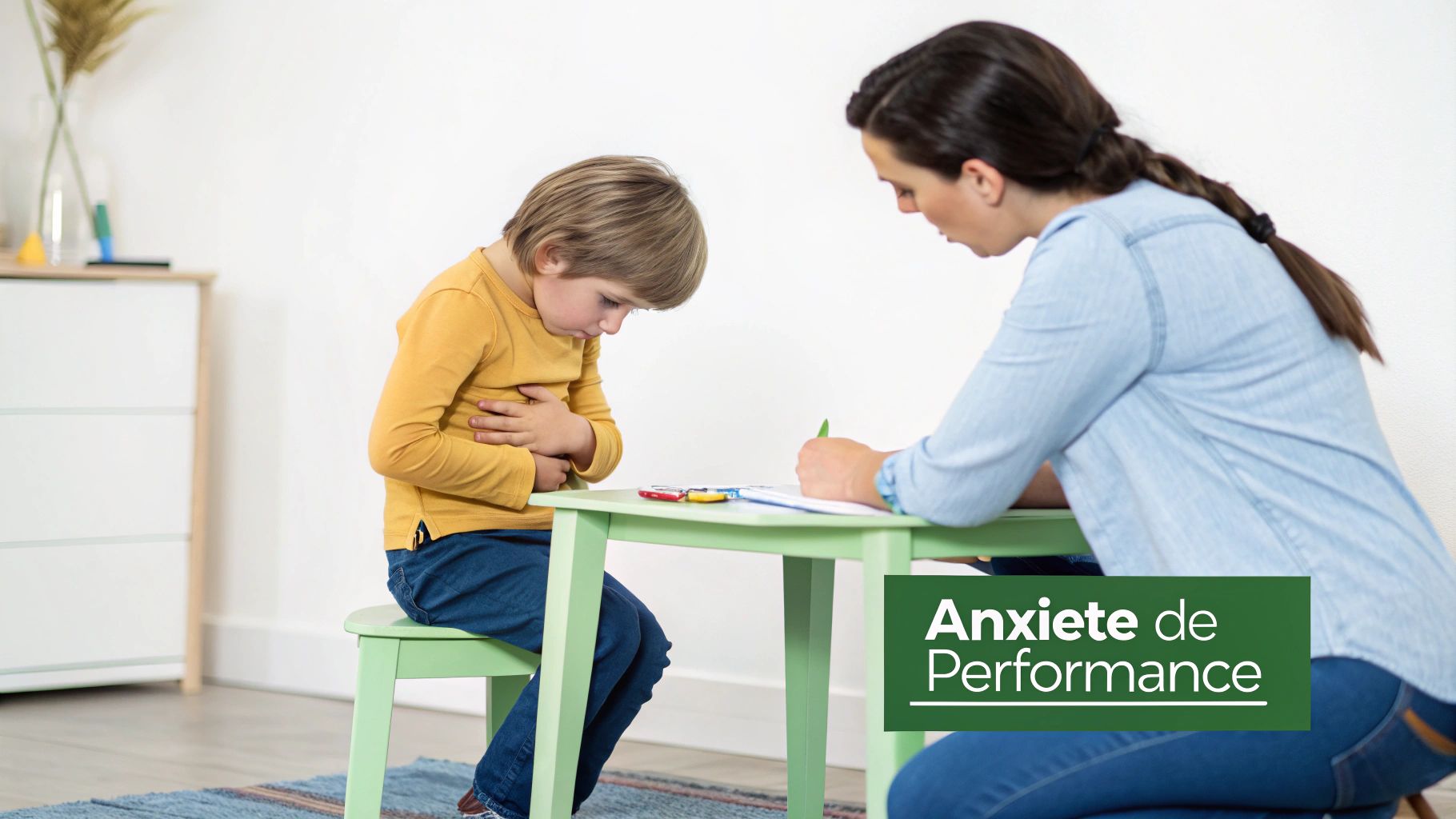 Un enfant tient son ventre, semblant anxieux, face à un adulte lors d'une séance. Texte : Anxiété de Performance.
