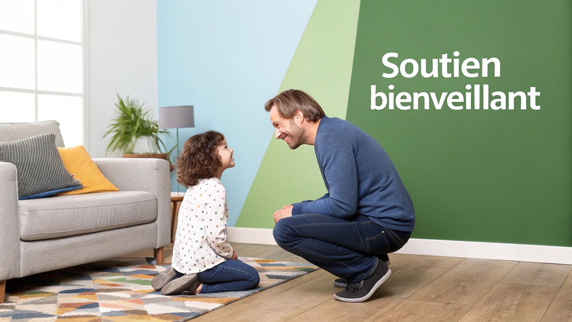 Un homme et une petite fille souriants se regardent, accroupis sur le sol, illustrant un soutien bienveillant.