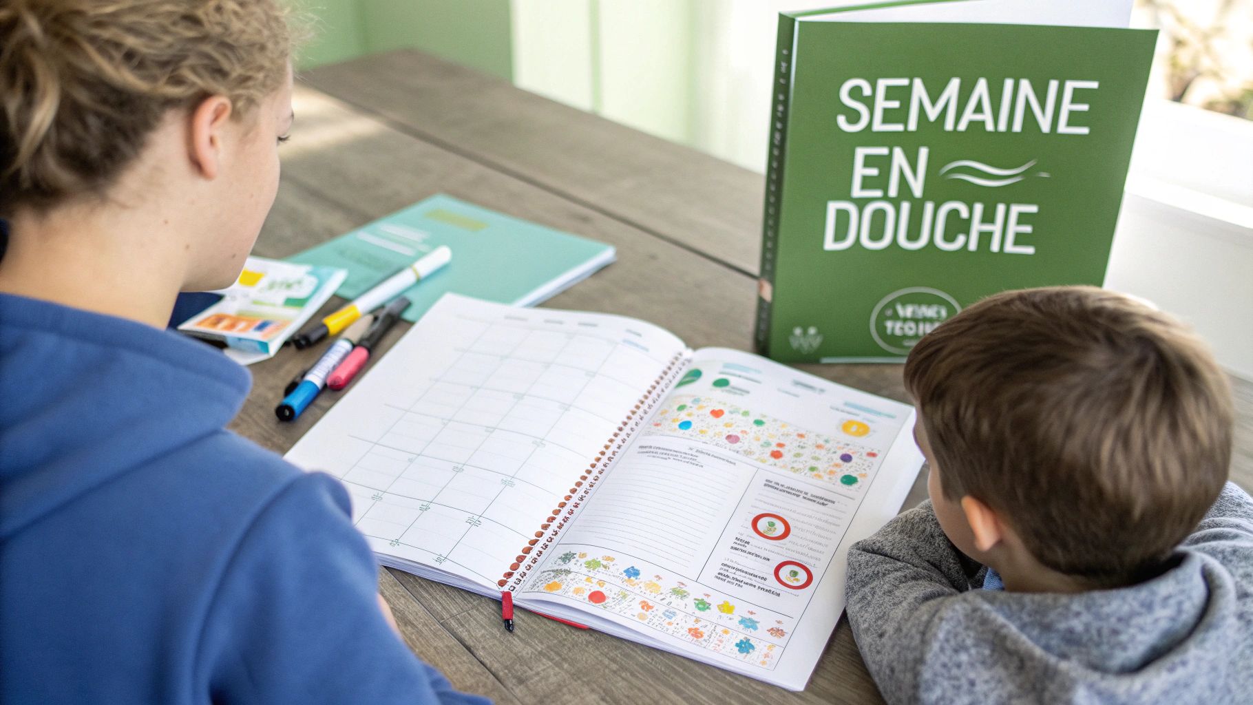 Deux personnes regardent attentivement un agenda ou un calendrier ouvert sur une table en bois, entourées de stylos colorés et d'un livre vert.
