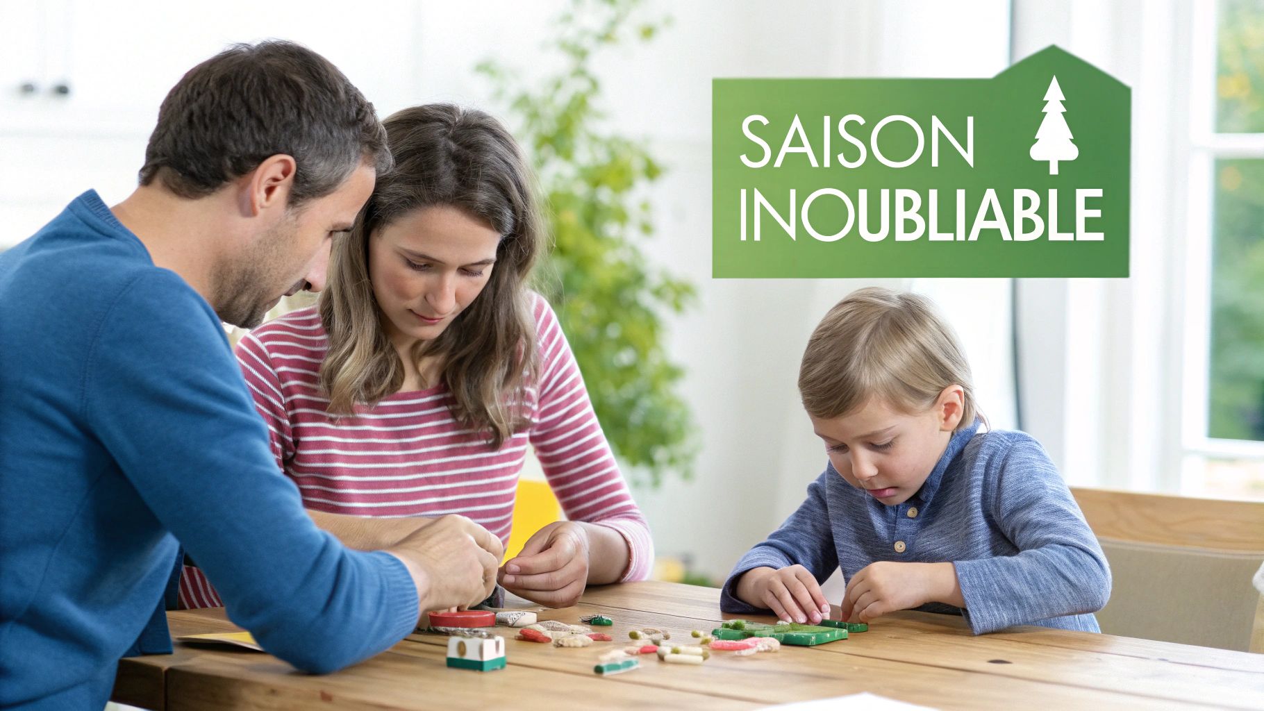 Une famille heureuse (parents et enfant) faisant une activité manuelle ensemble à une table en bois.