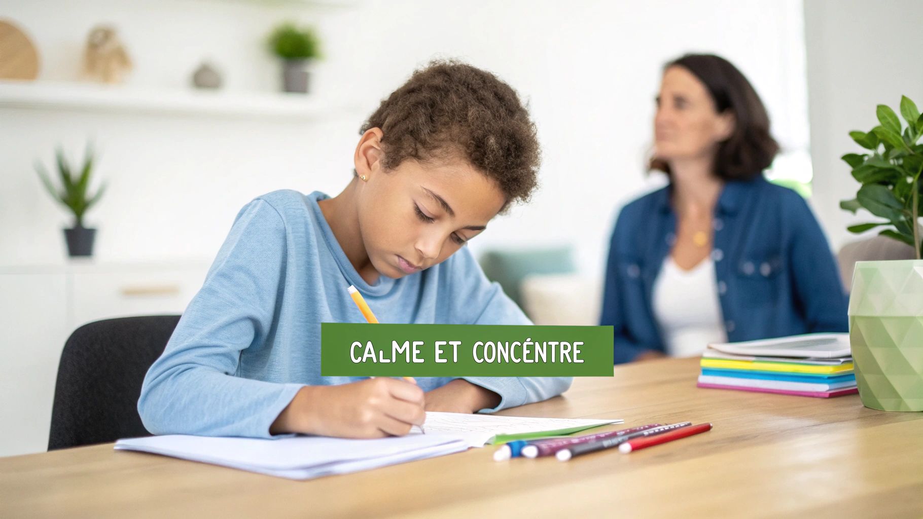Un jeune garçon métis écrit calmement et avec concentration à table, sa mère floue en arrière-plan.