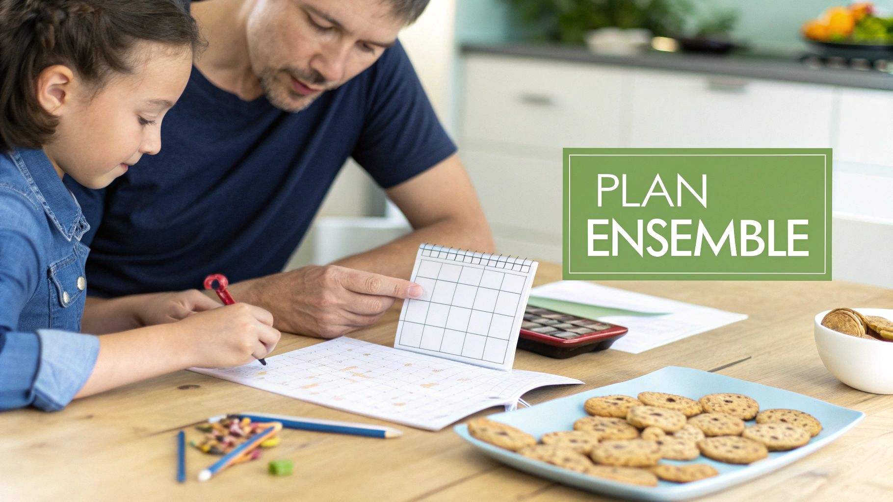 Père et enfant planifiant ensemble avec calendrier et calculatrice sur table de cuisine