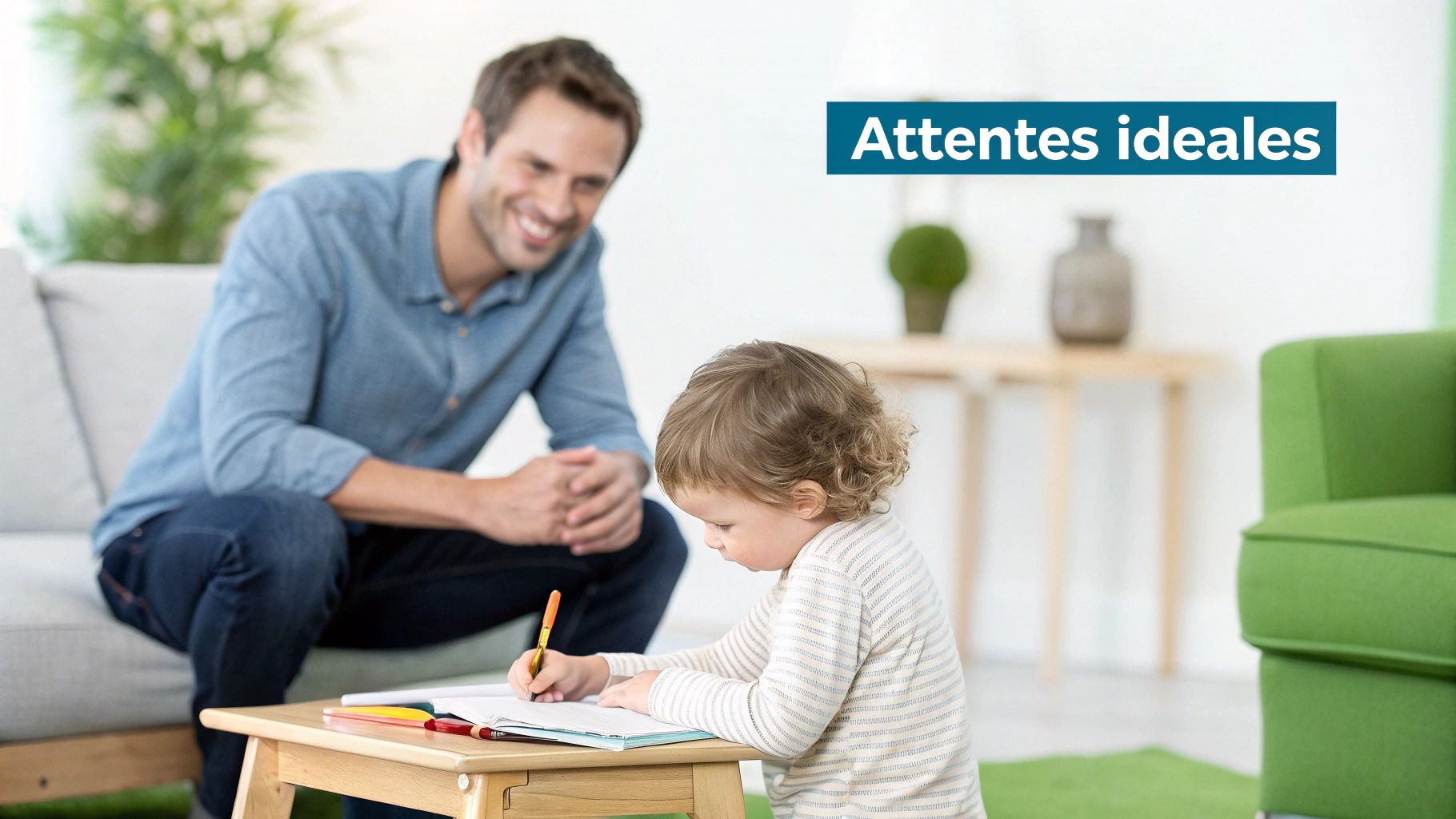 Un parent et un enfant écrivant ensemble dans un journal sur une table en bois