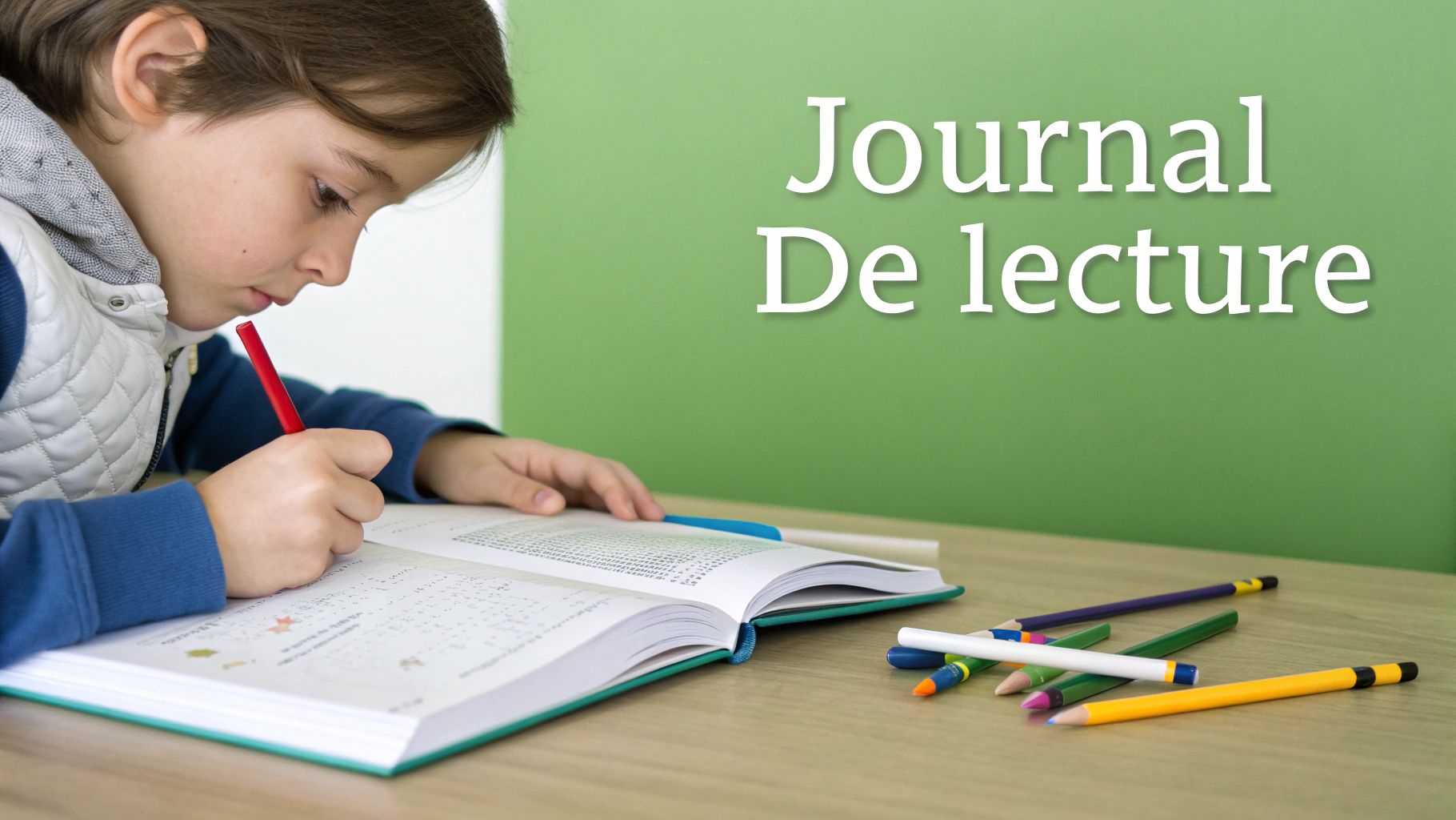 Un enfant est assis à un bureau en train de dessiner et d'écrire dans un journal ouvert, avec des livres à proximité.