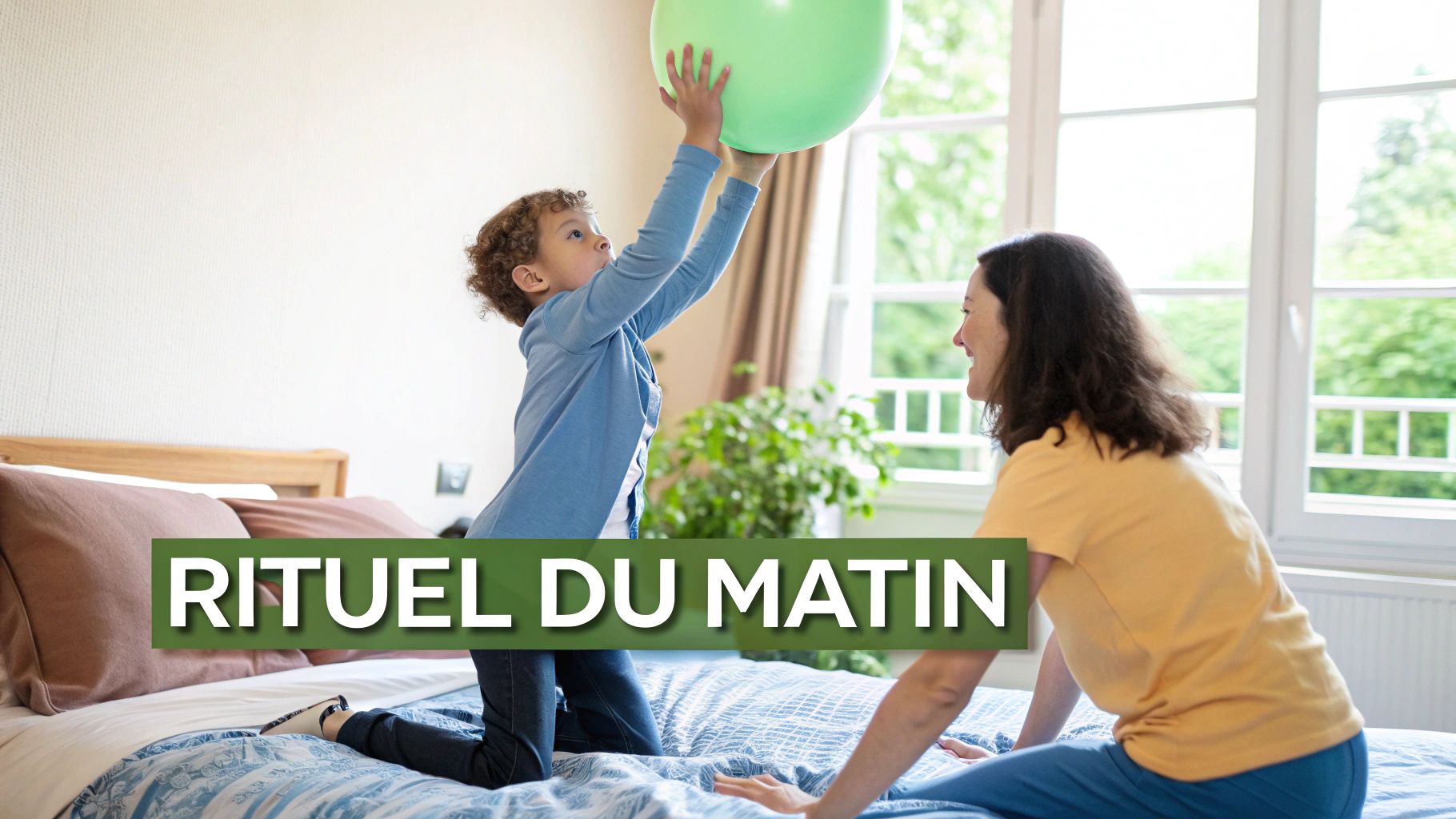 Un enfant et un adulte jouent joyeusement avec un ballon vert sur un lit, illustrant le rituel du matin.