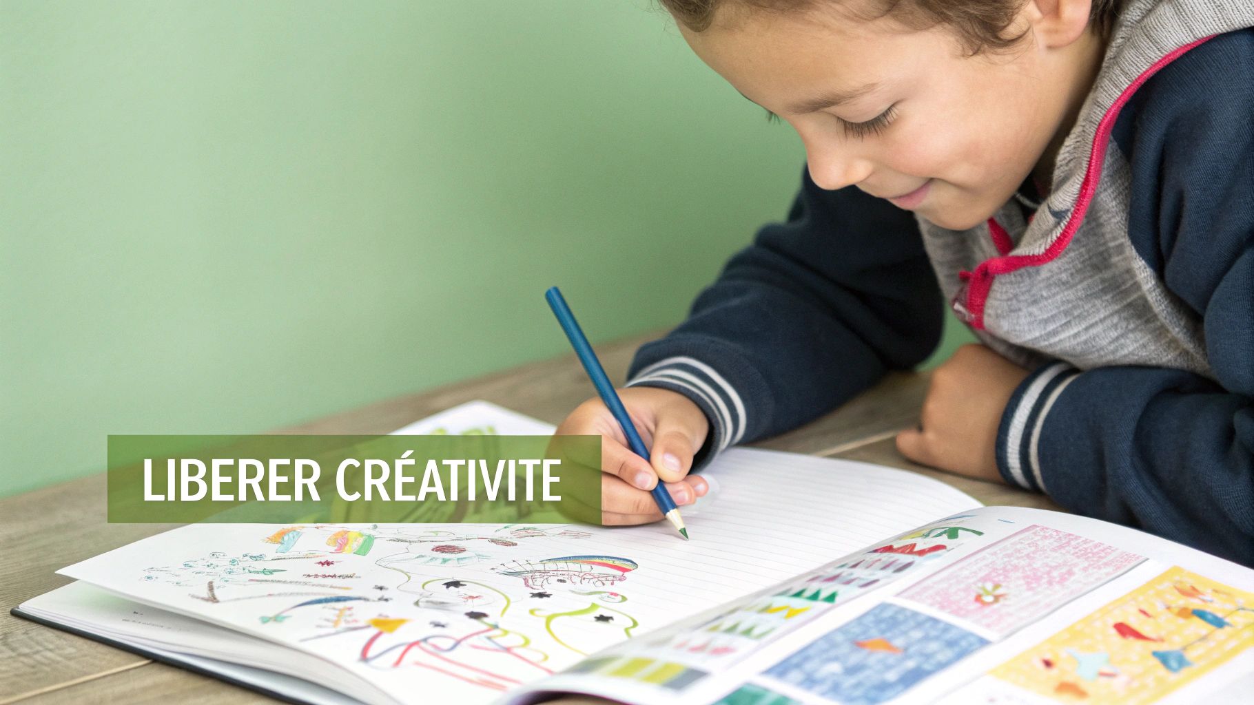 Enfant dessinant avec des livres ouverts à côté de lui