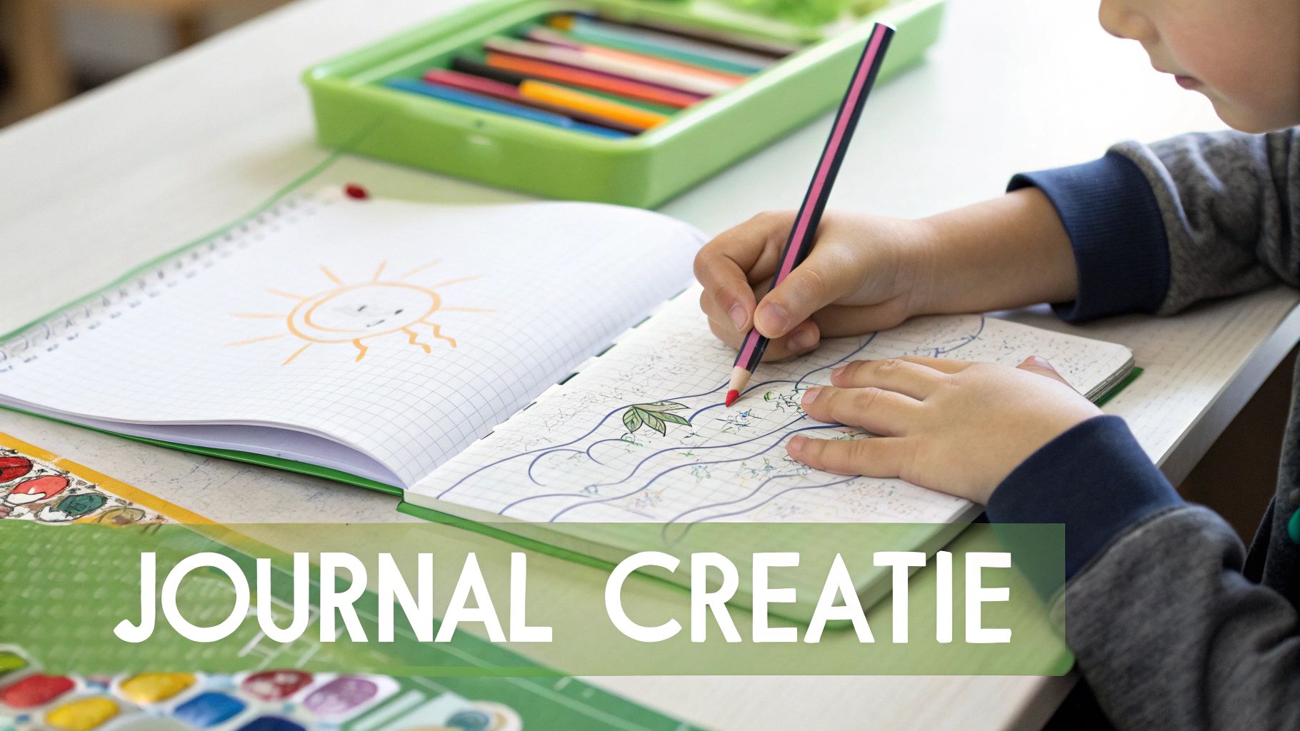 Un enfant dessine dans un carnet avec un crayon de couleur. Des crayons et un dessin de soleil sont visibles.
