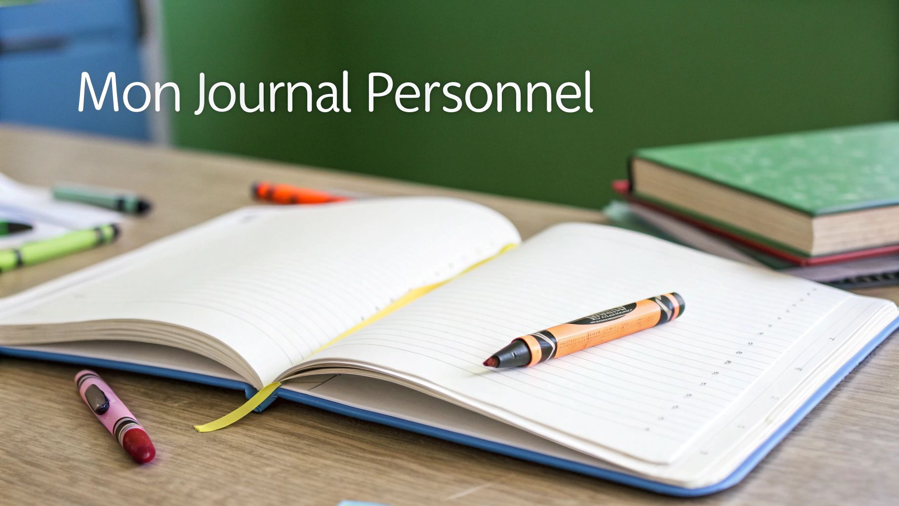 Un carnet ouvert sur un bureau en bois, avec des marqueurs et des livres en arrière-plan.