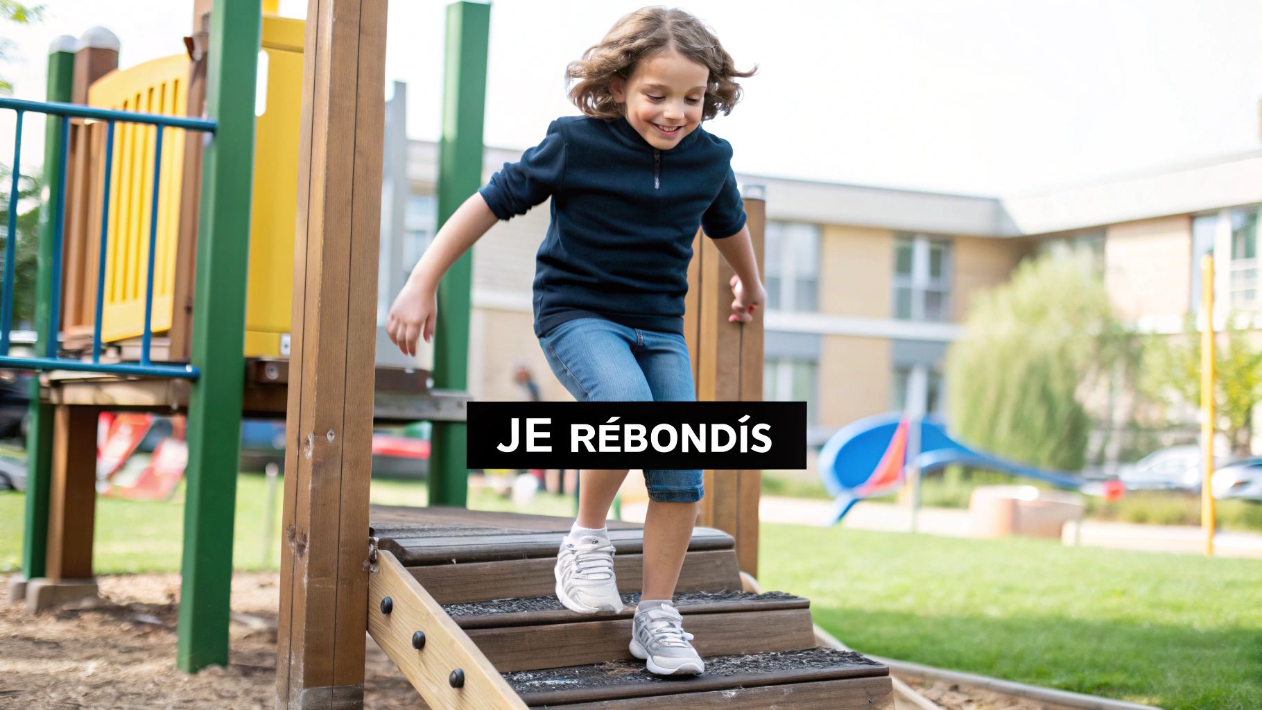 Un jeune garçon souriant descend les escaliers en bois d'une aire de jeux, avec le texte "JE RÉBONDÍS".