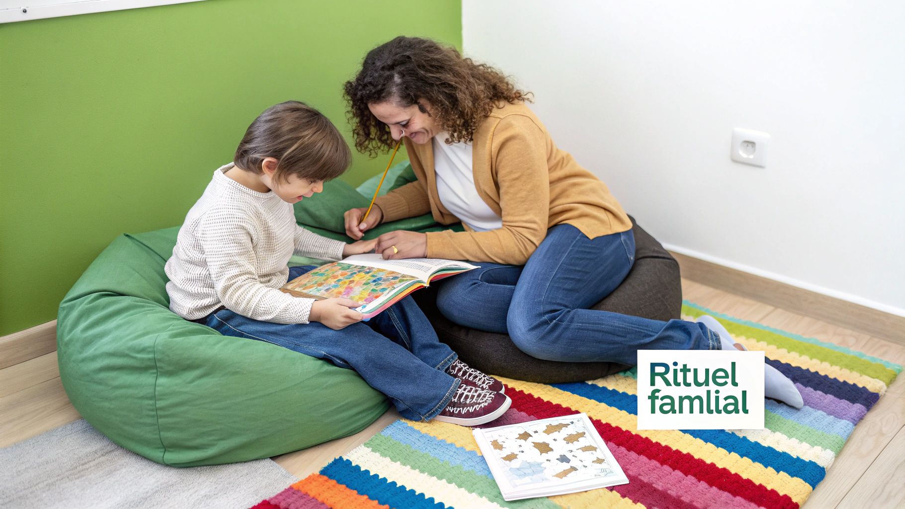 A child and a parent journaling together in a cozy corner.