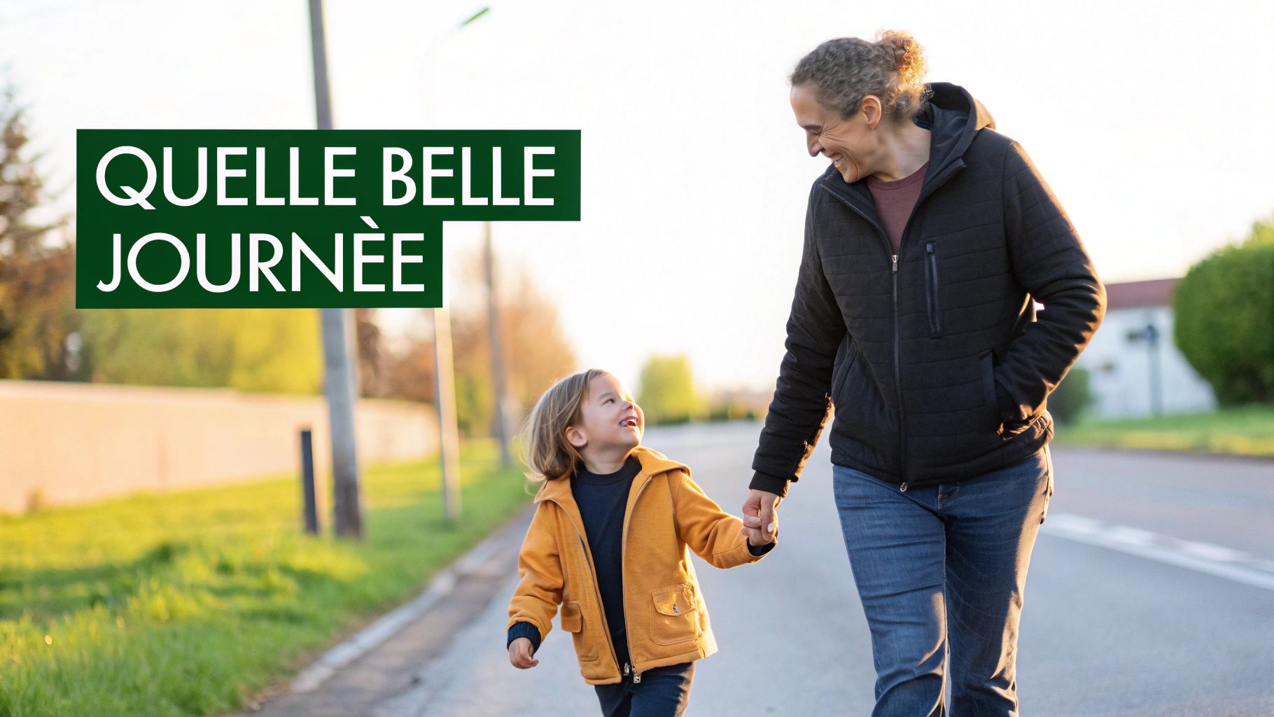 Une femme et un enfant souriants se tenant la main et marchant sous le soleil. Texte : QUELLE BELLE JOURNÉE.