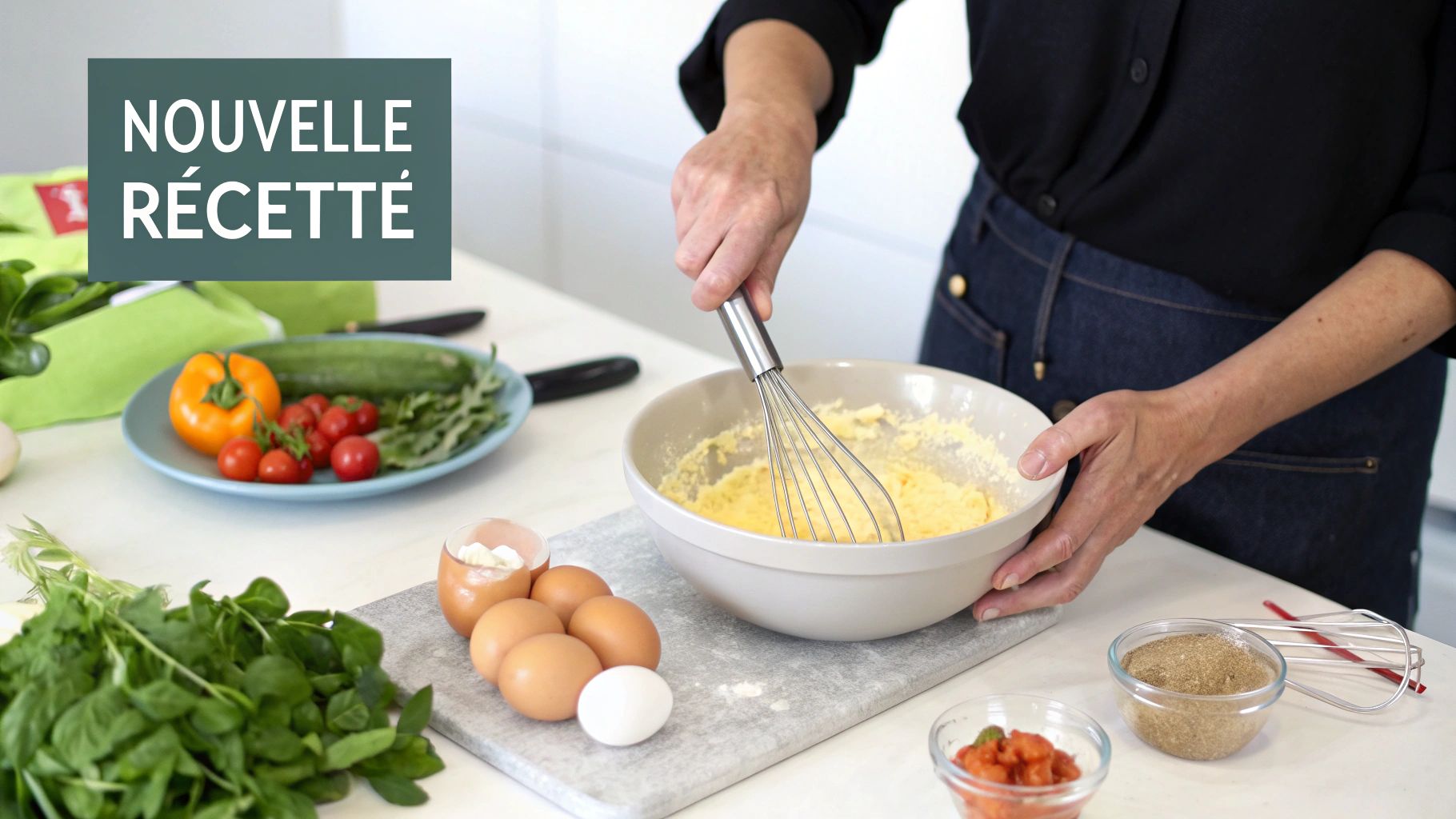 Personne préparant une nouvelle recette, mélangeant des ingrédients avec des œufs et des légumes frais.