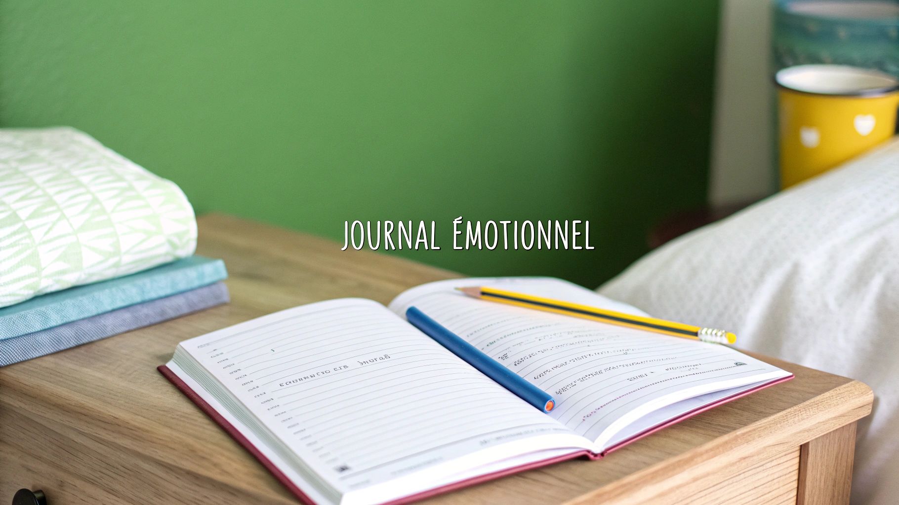 Un journal ouvert avec des crayons posés sur une table de chevet en bois, invitant à l'écriture et à la réflexion.